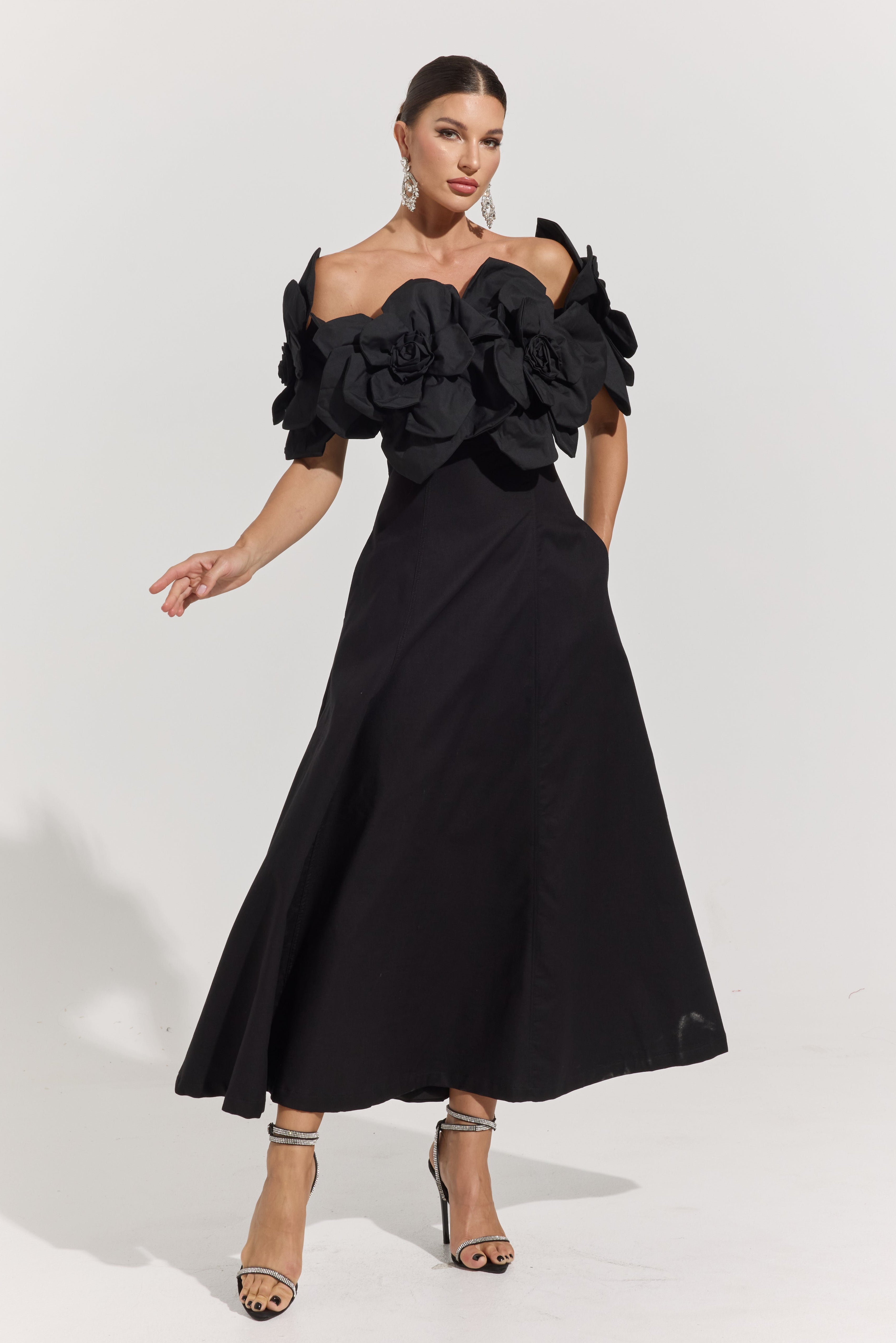 Dove Black Rosette Off-Shoulder Maxi dress