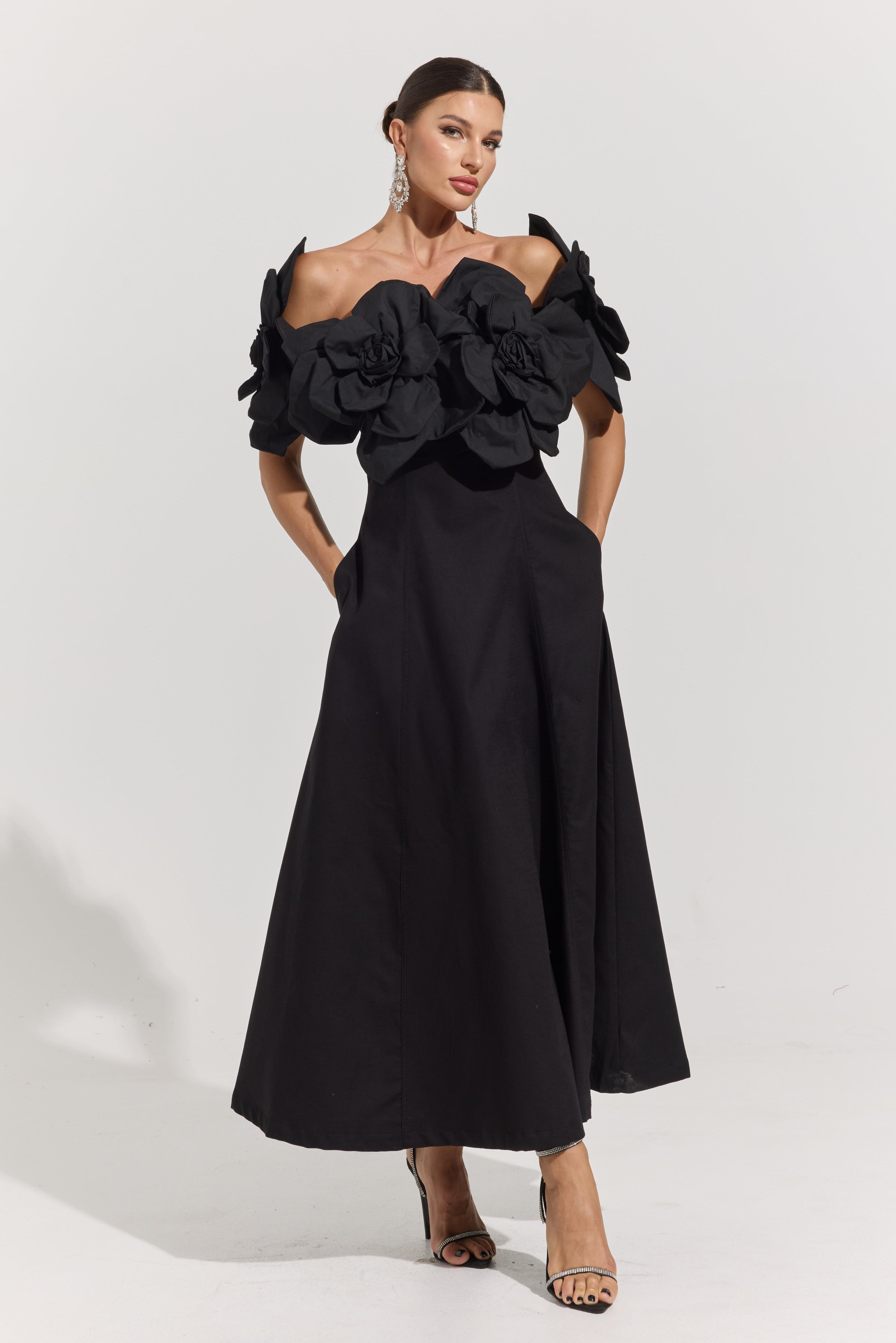 Dove Black Rosette Off-Shoulder Maxi dress