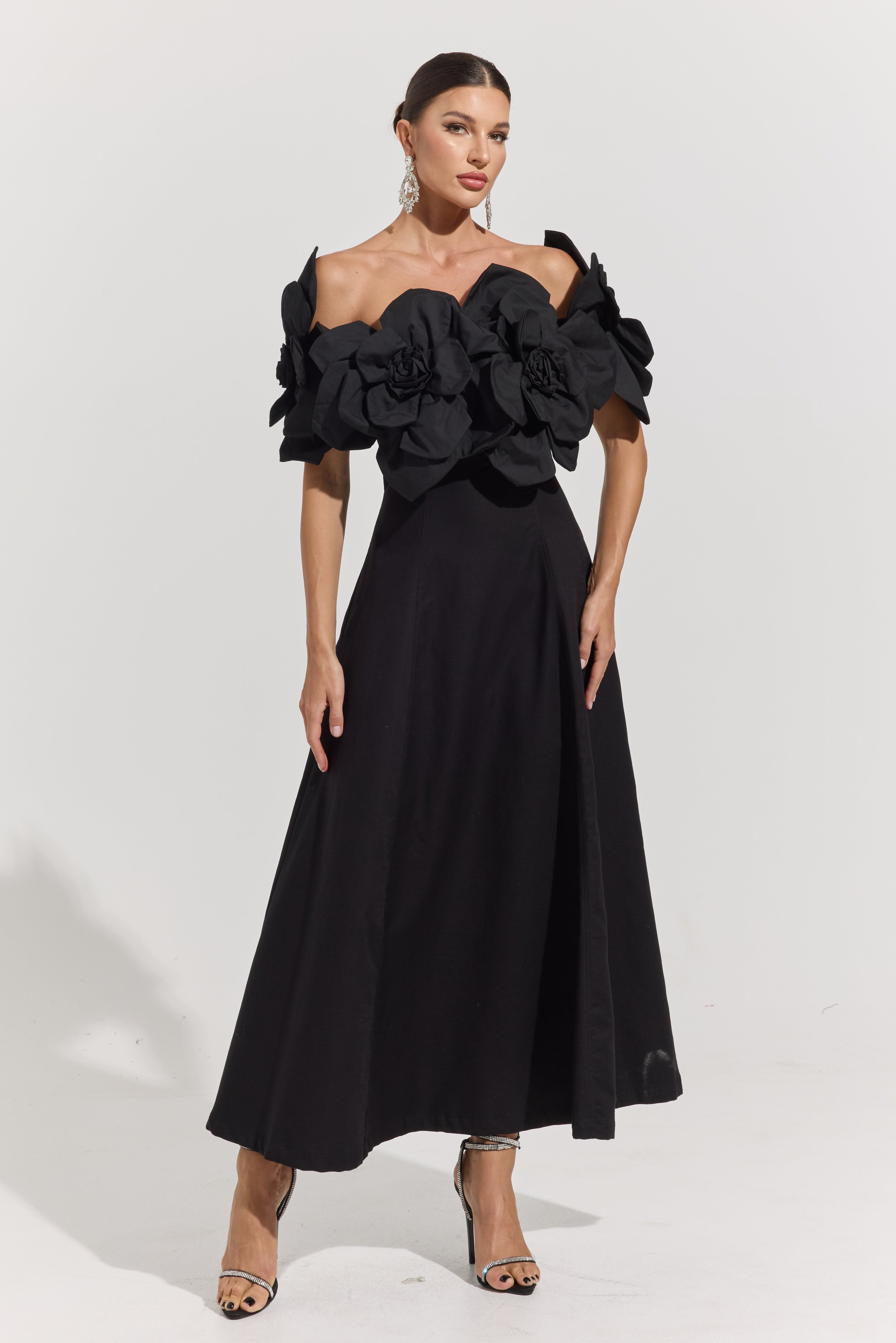 Dove Black Rosette Off-Shoulder Maxi dress