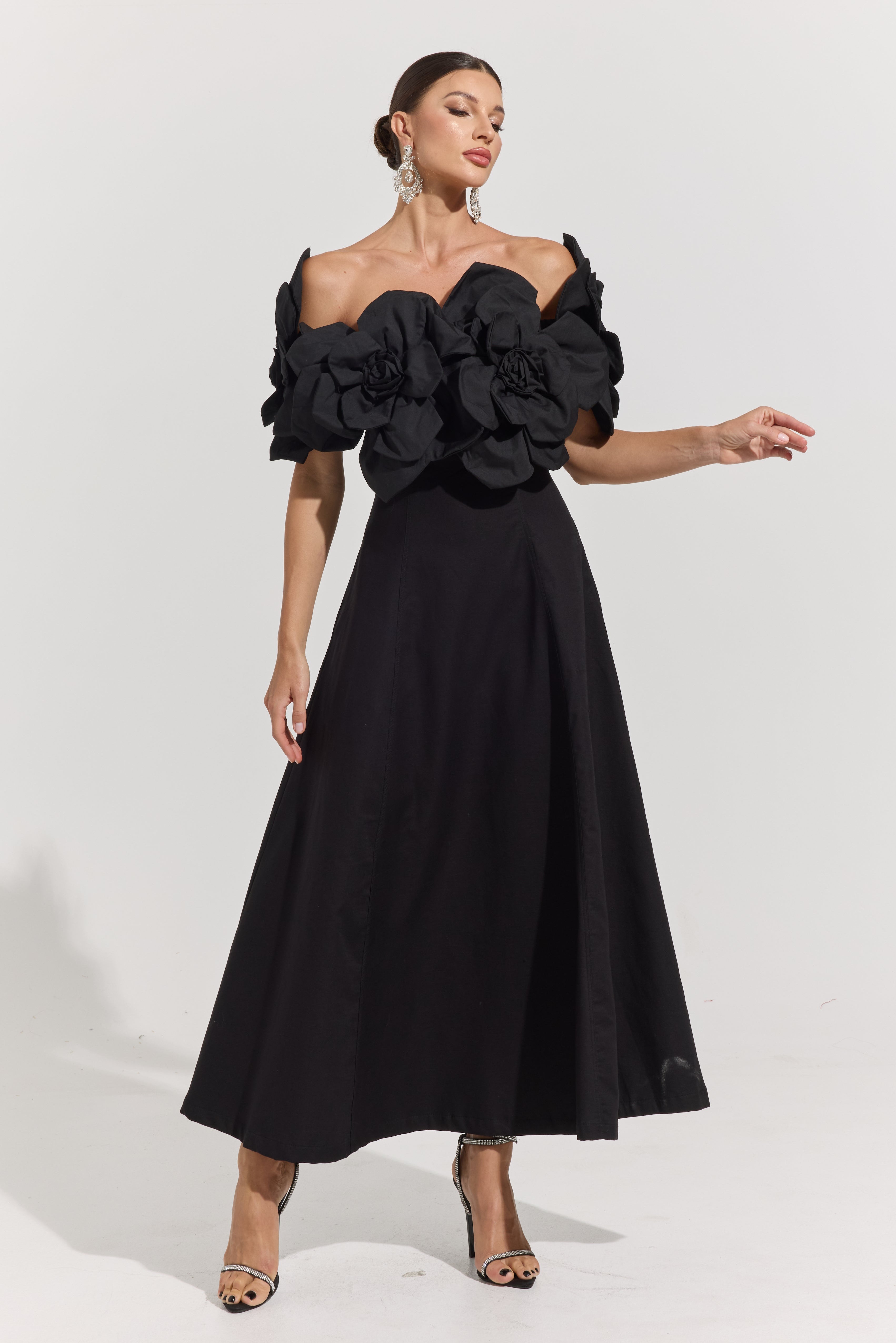 Dove Black Rosette Off-Shoulder Maxi dress