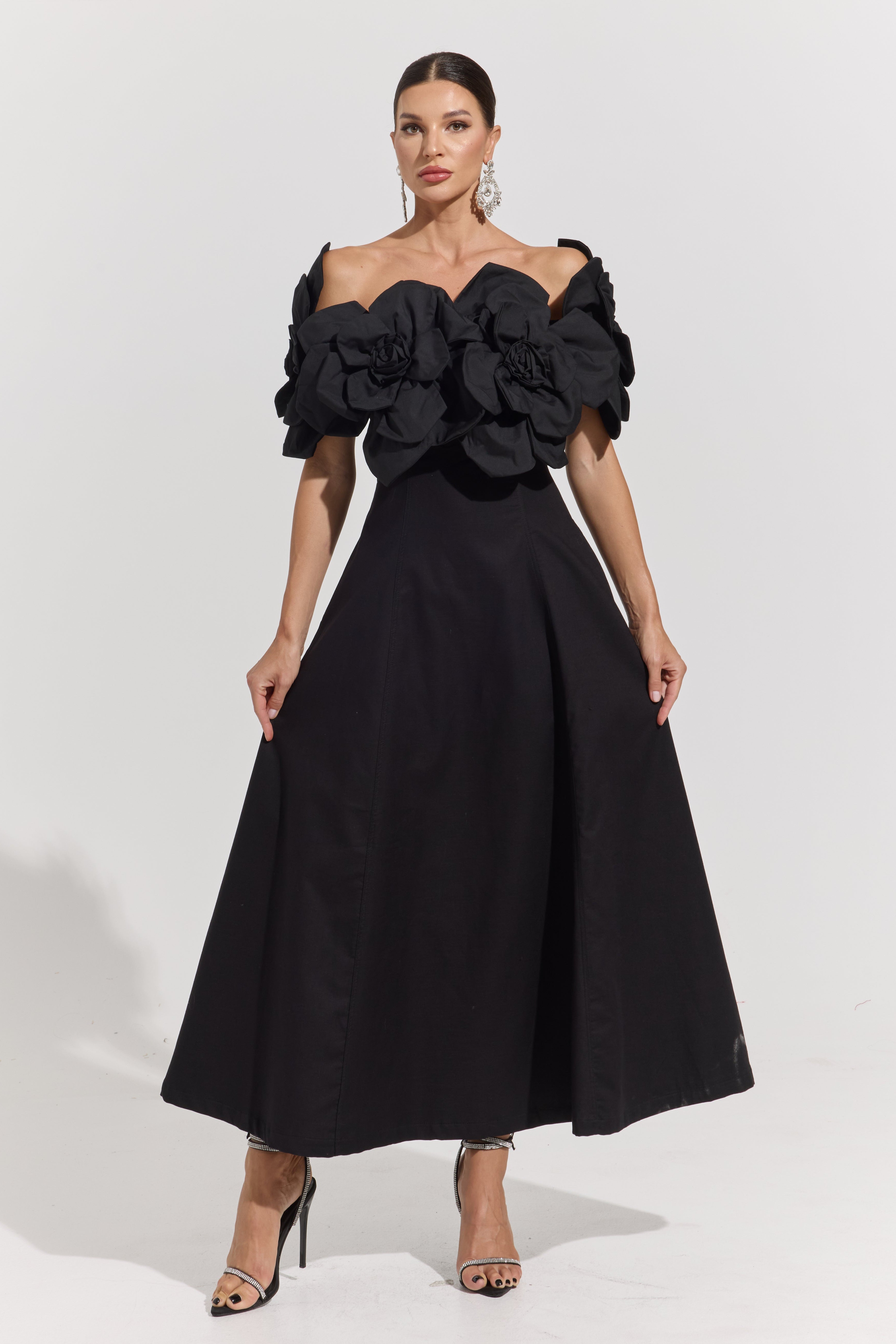 Dove Black Rosette Off-Shoulder Maxi dress