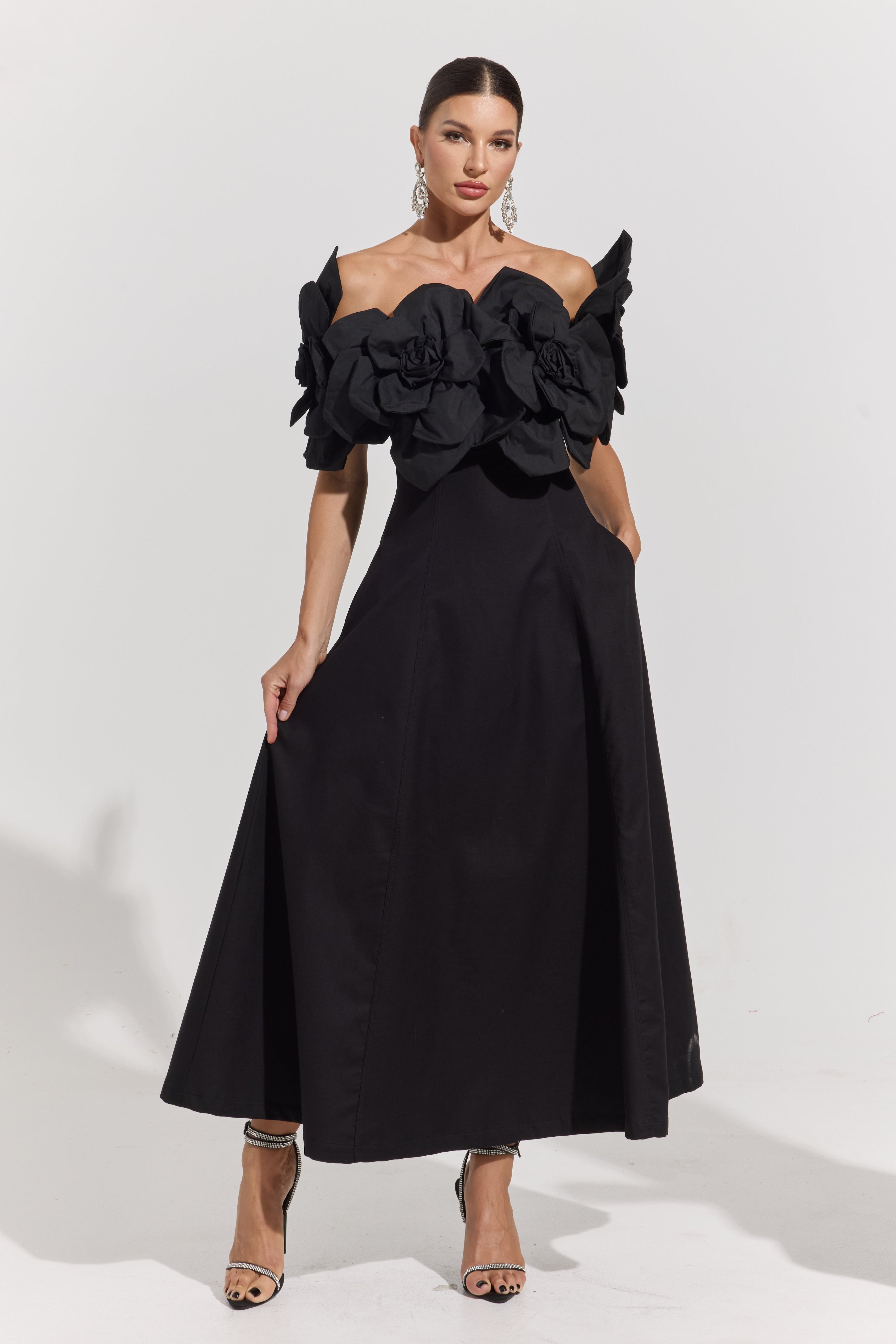 Dove Black Rosette Off-Shoulder Maxi dress