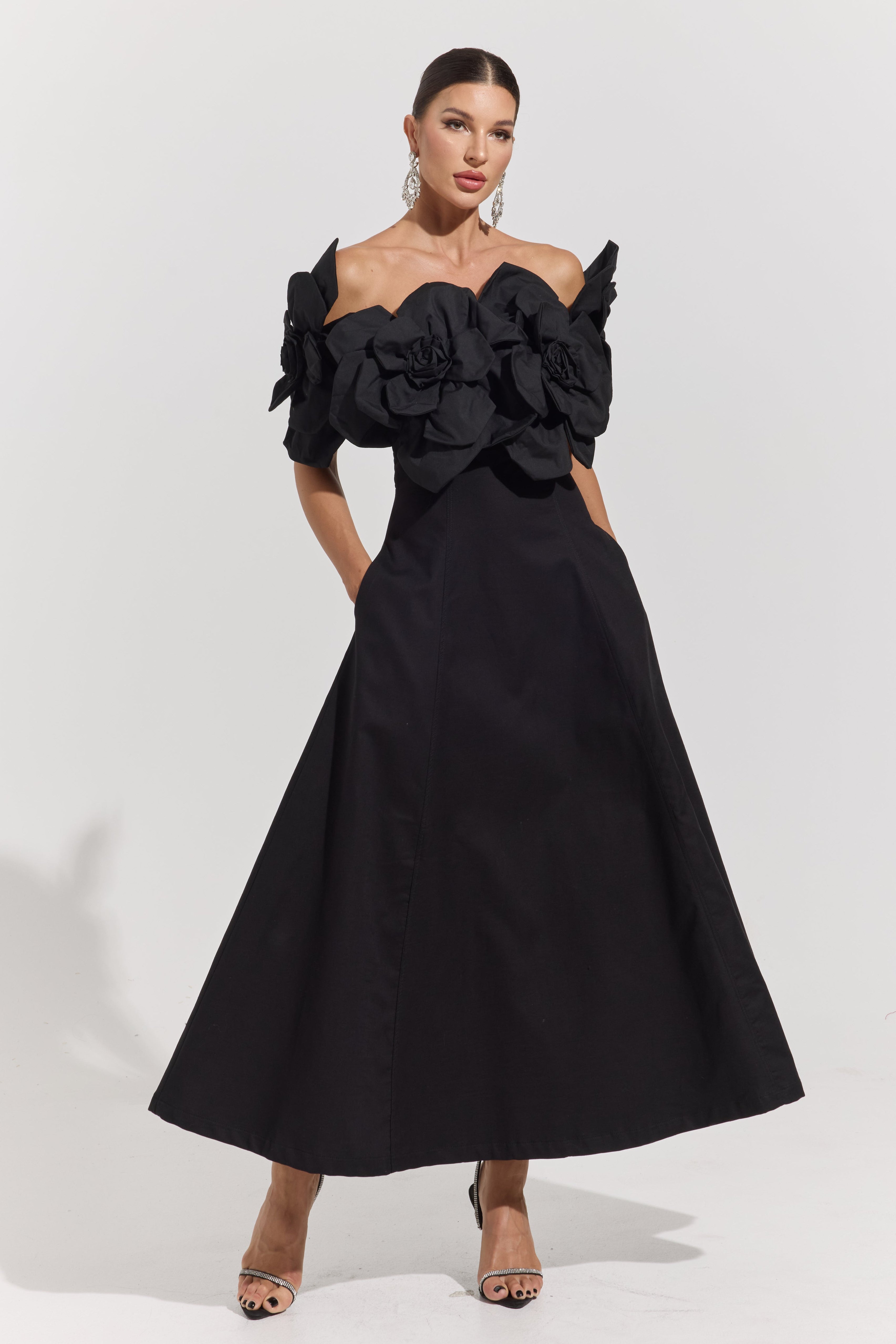 Dove Black Rosette Off-Shoulder Maxi dress
