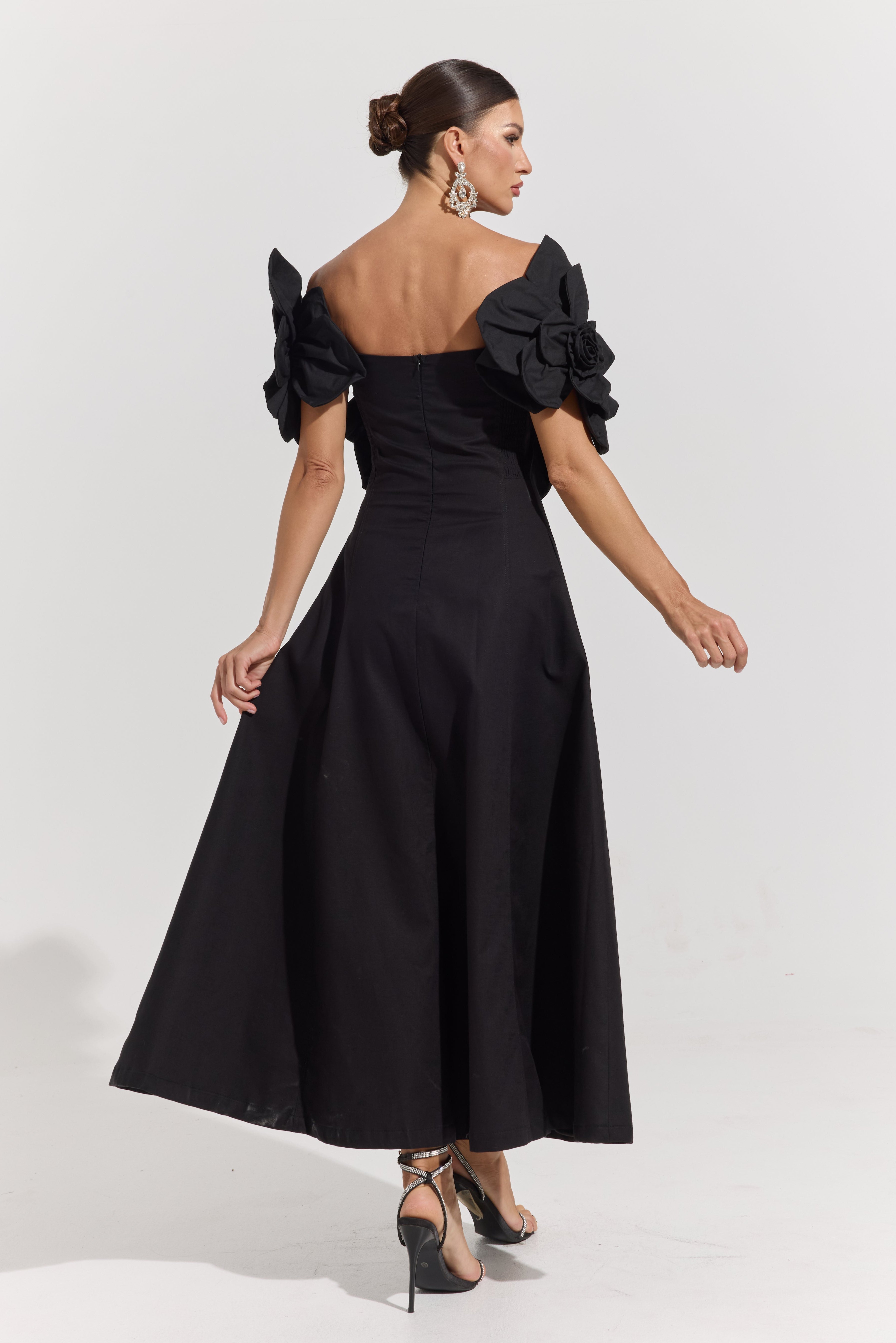 Dove Black Rosette Off-Shoulder Maxi dress