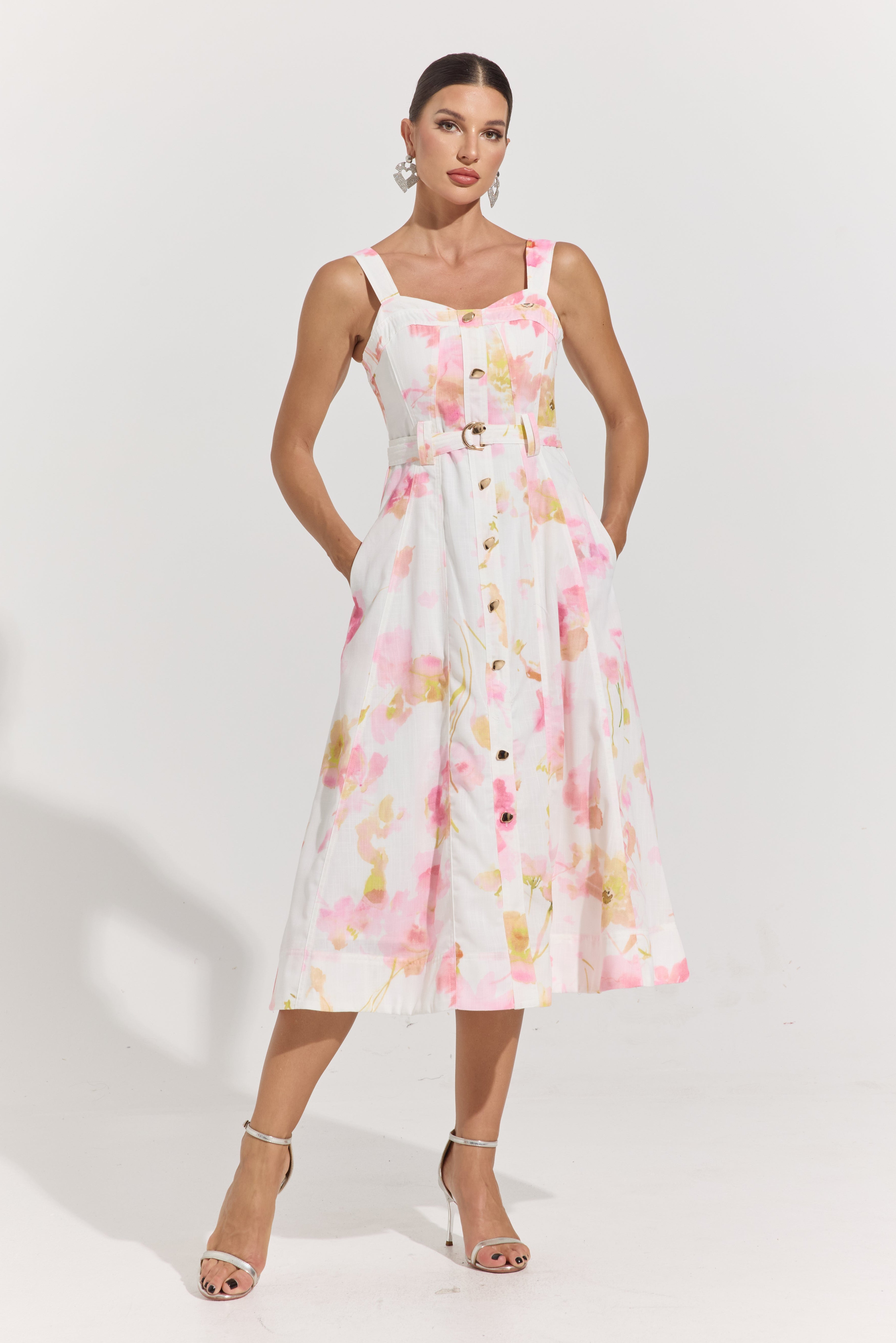 Ivy Blush Garden Belted Midi Dress