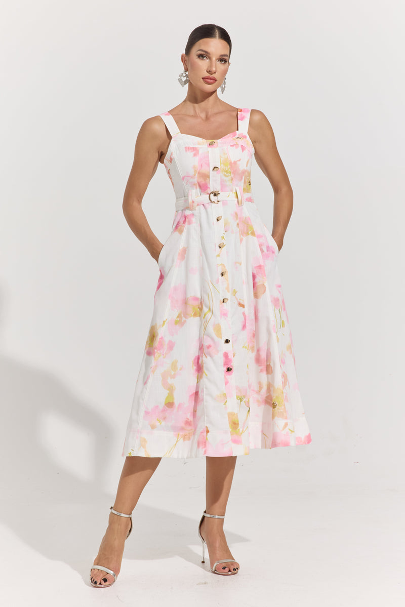 Ivy Blush Garden Belted Midi Dress