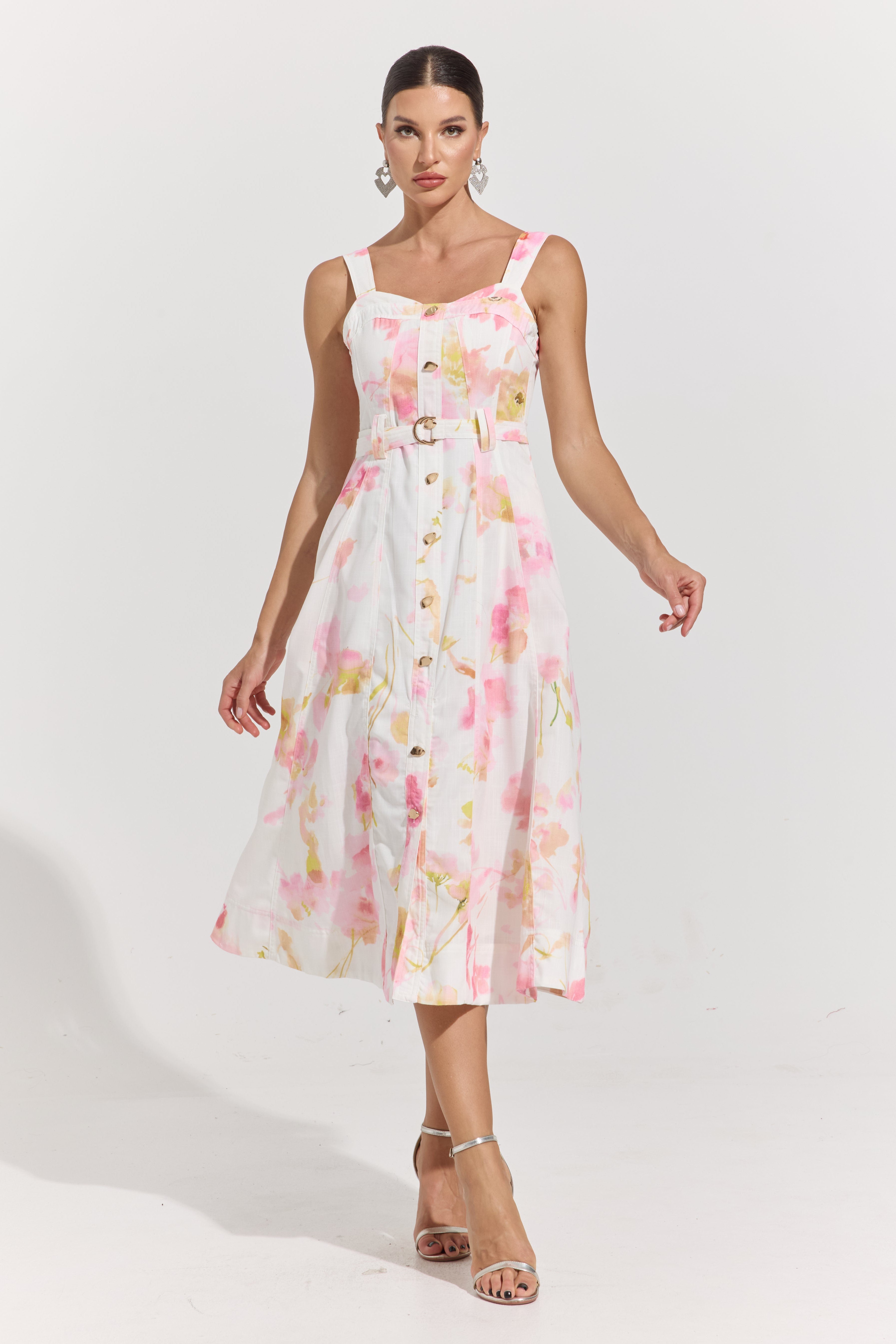 Ivy Blush Garden Belted Midi Dress