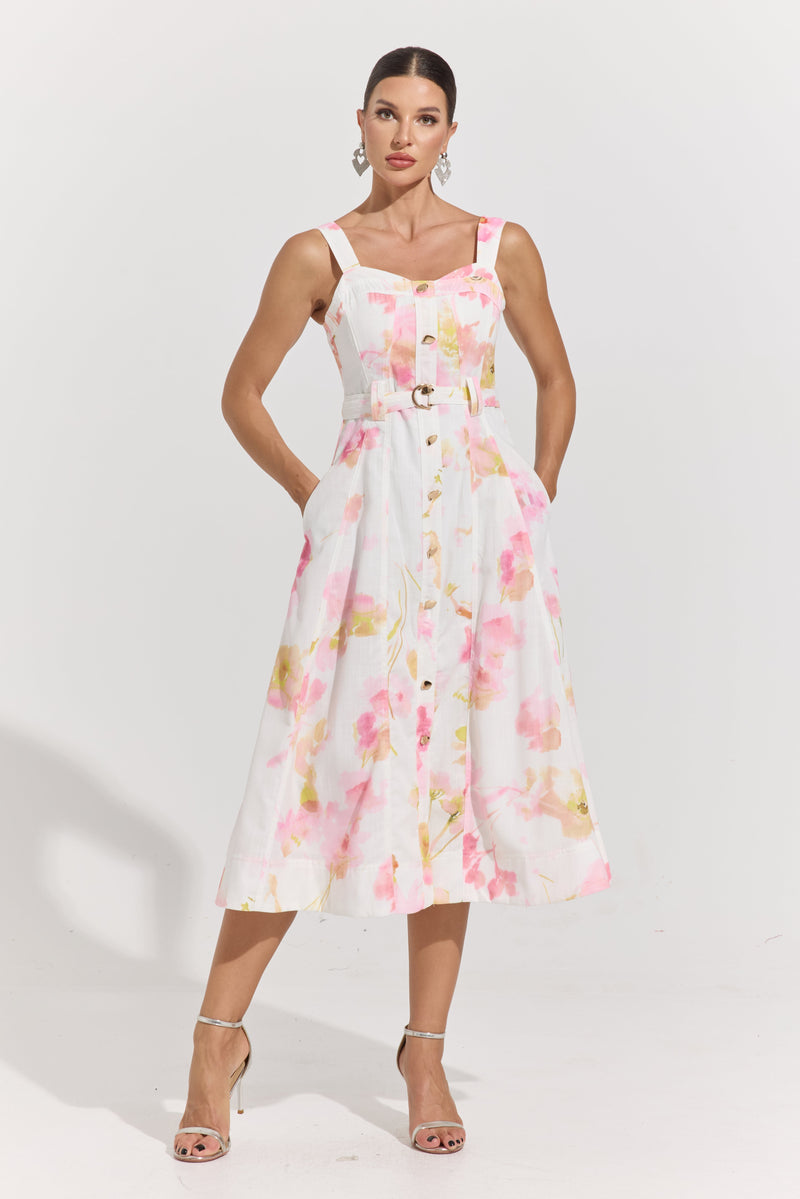 Ivy Blush Garden Belted Midi Dress