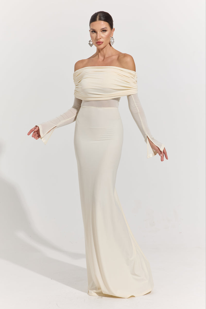 Monroe Ivory Whisper Off-Shoulder Maxi Dress