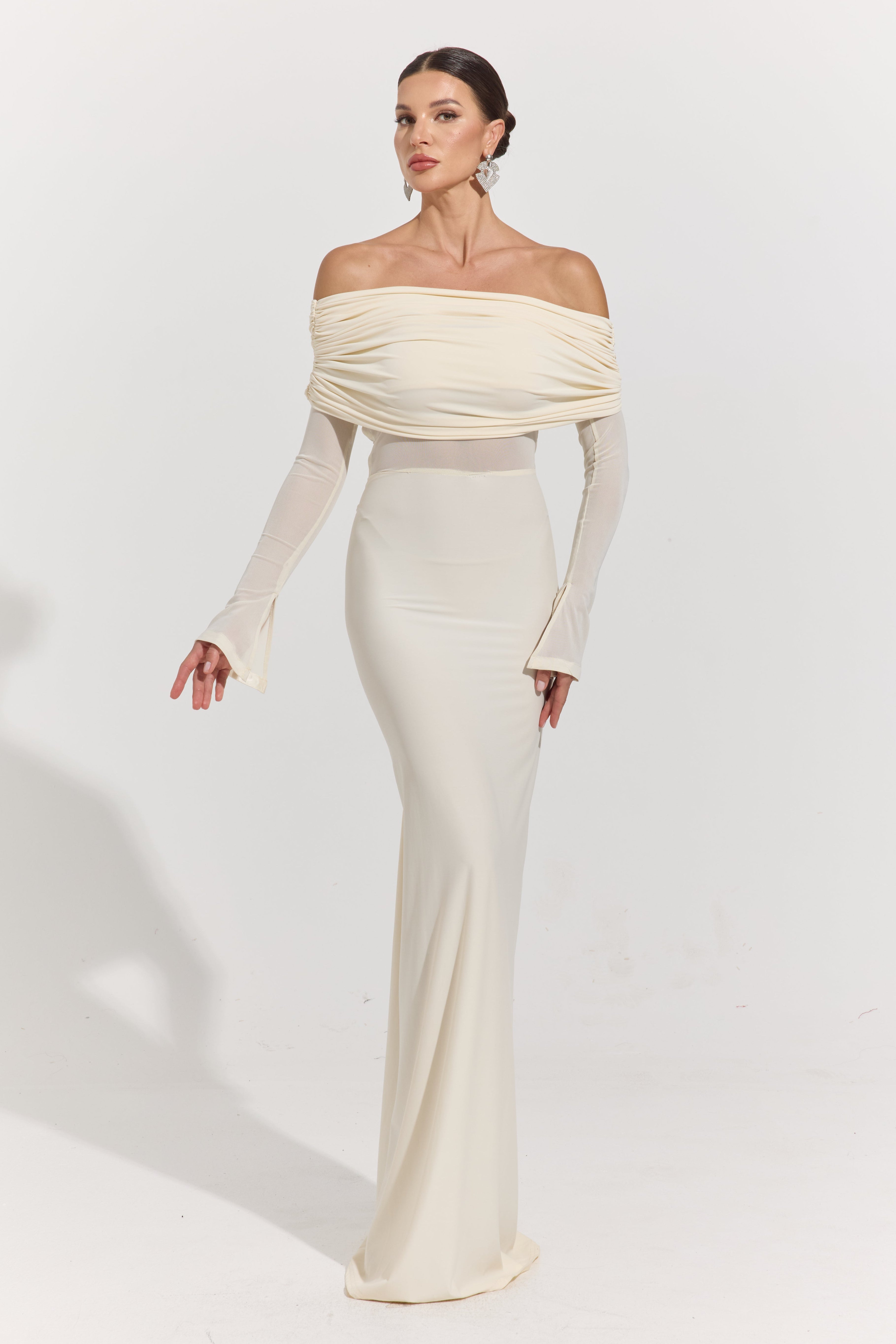 Monroe Ivory Whisper Off-Shoulder Maxi Dress