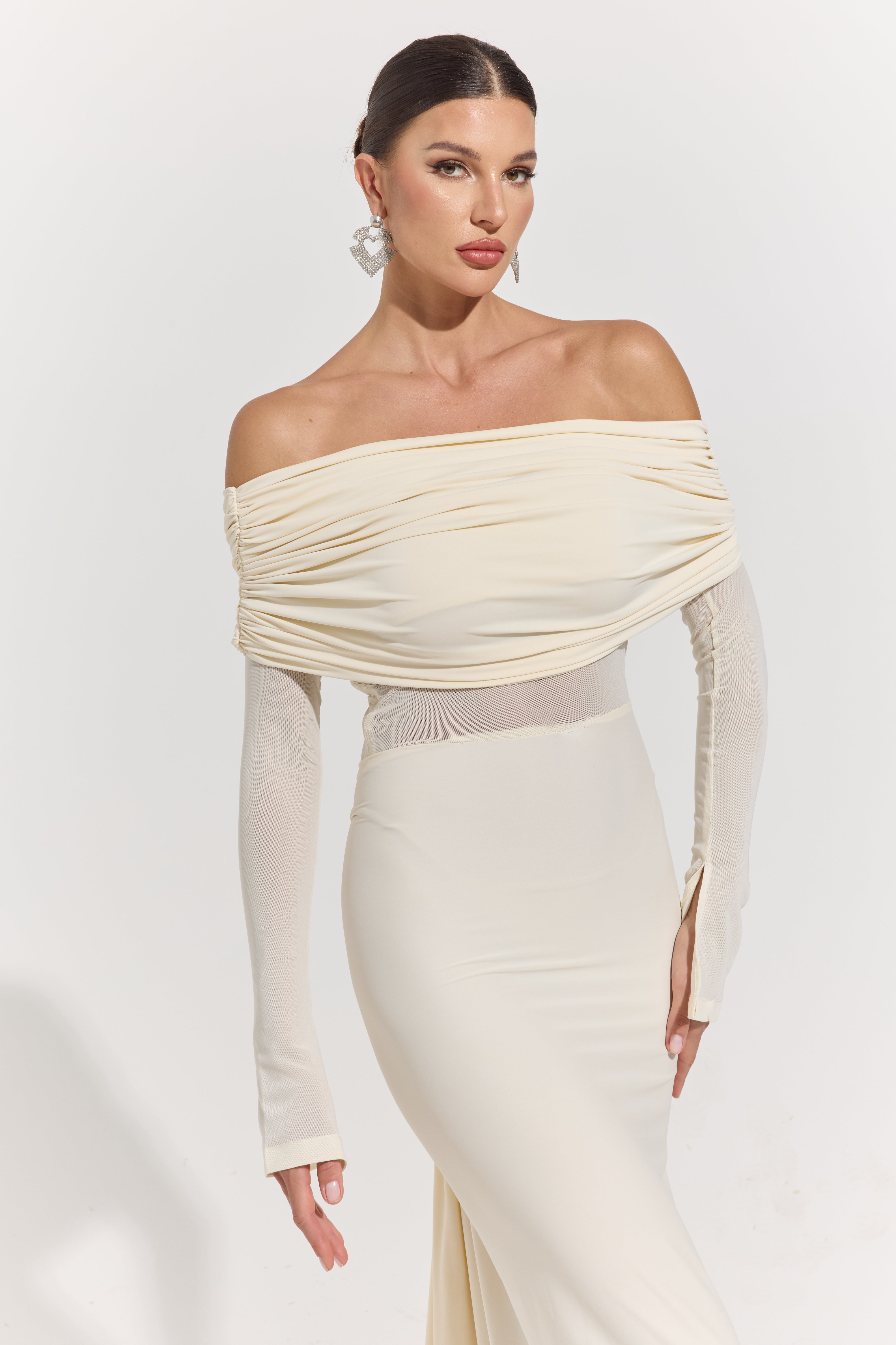 Monroe Ivory Whisper Off-Shoulder Maxi Dress