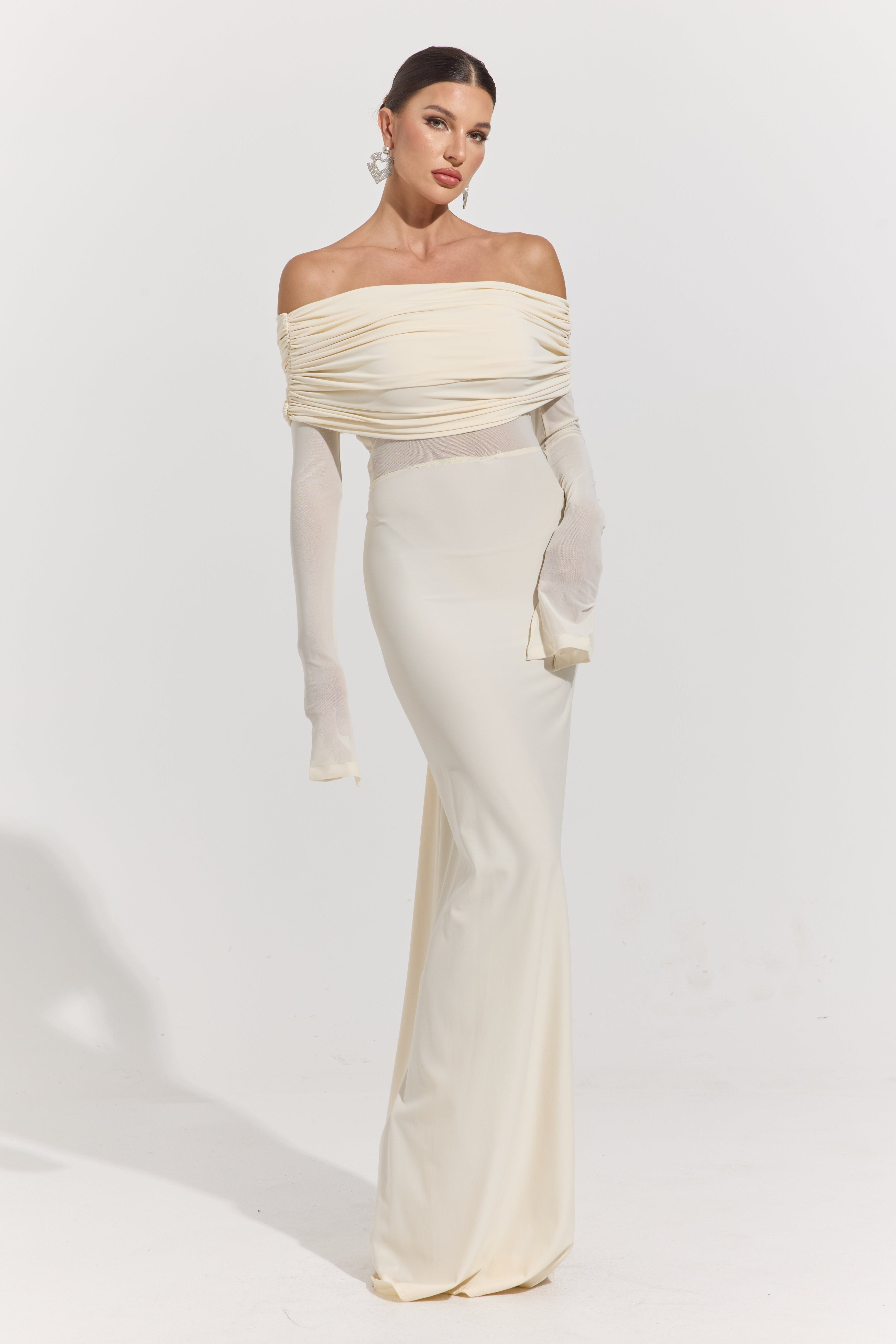 Monroe Ivory Whisper Off-Shoulder Maxi Dress