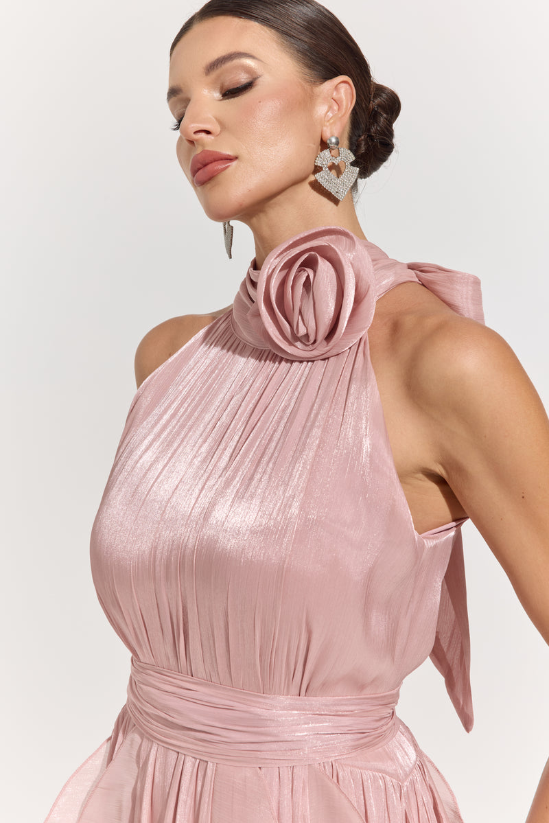 Raquel Pink Rosette Pleated Midi Dress