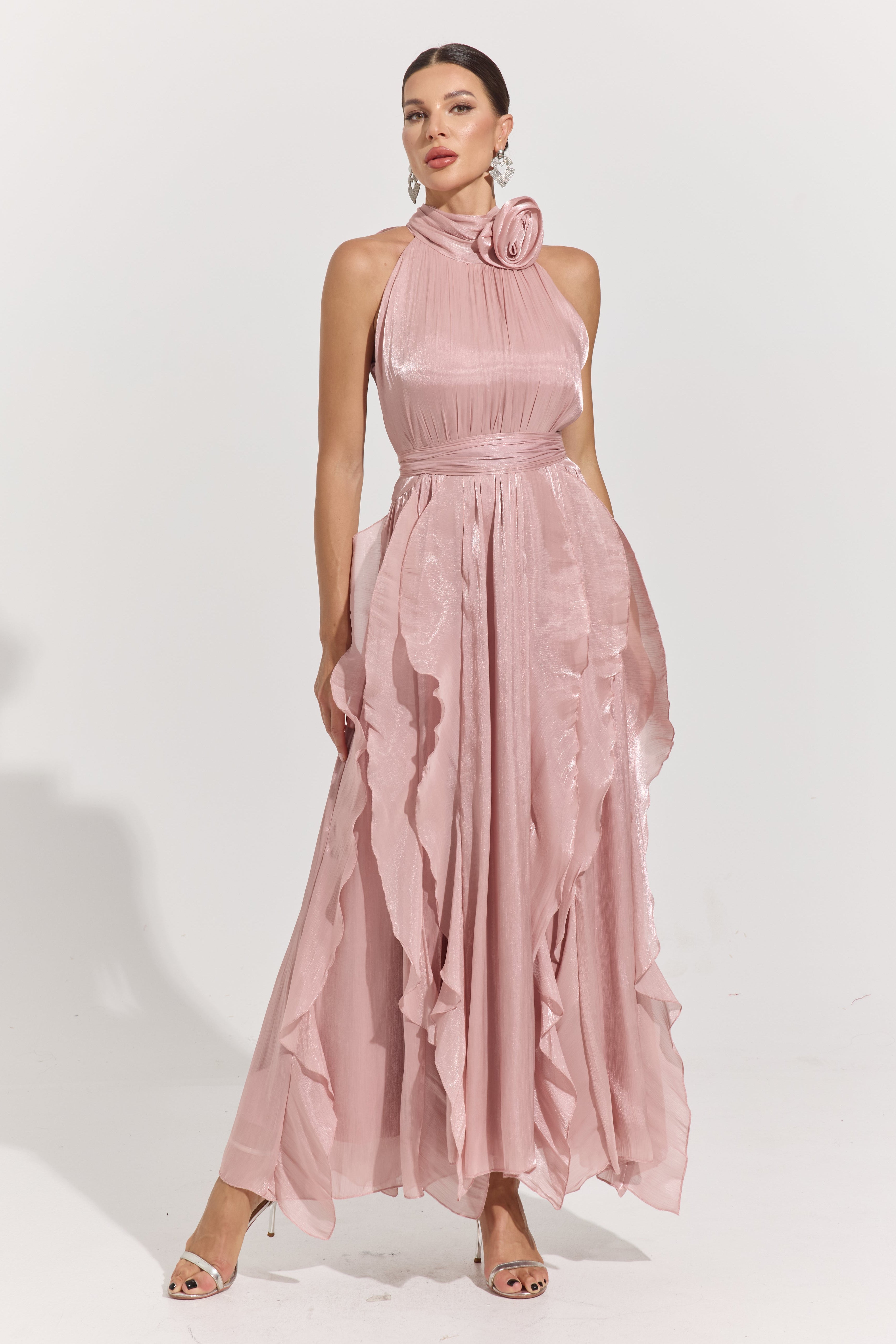 Raquel Pink Rosette Pleated Midi Dress