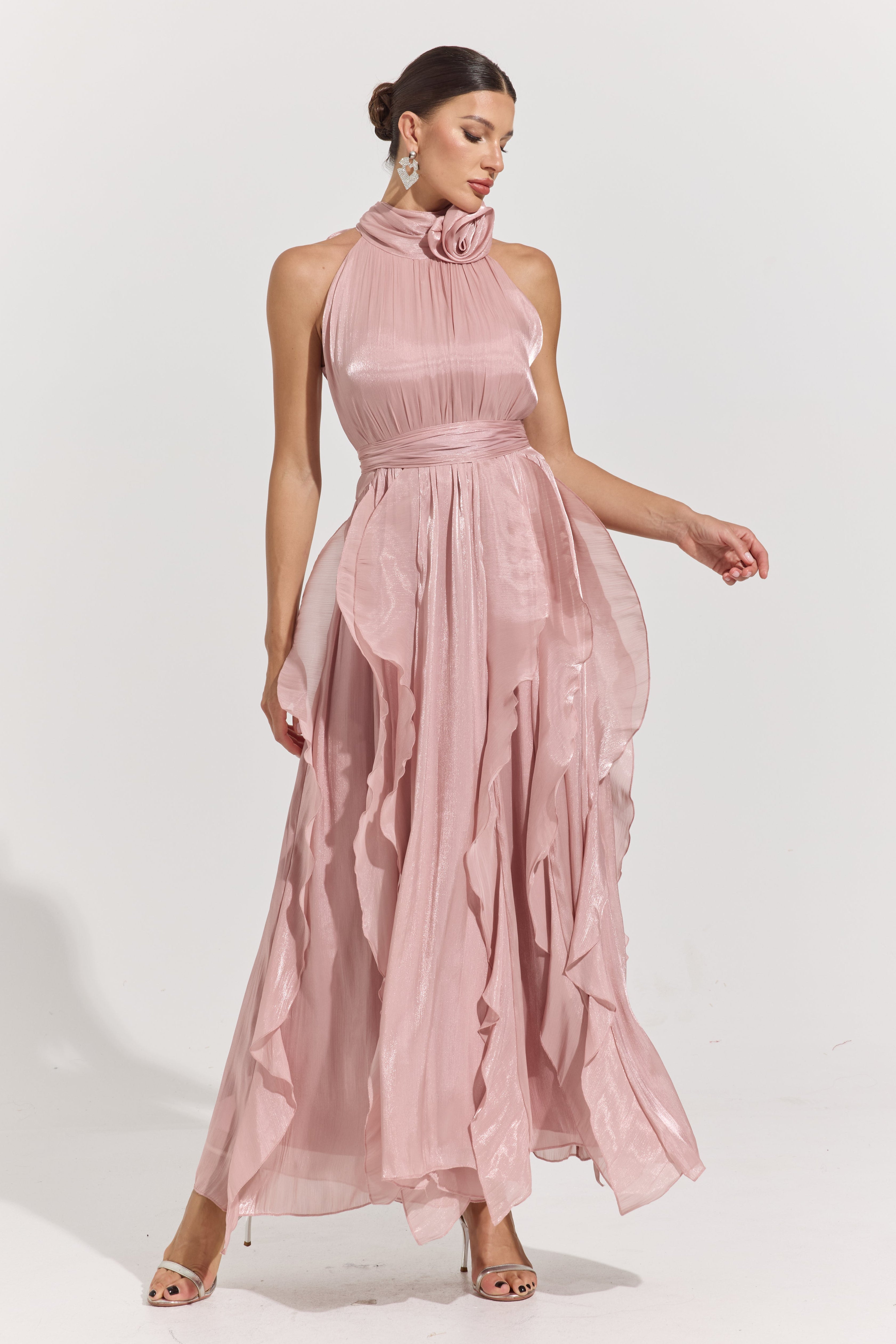 Raquel Pink Rosette Pleated Midi Dress