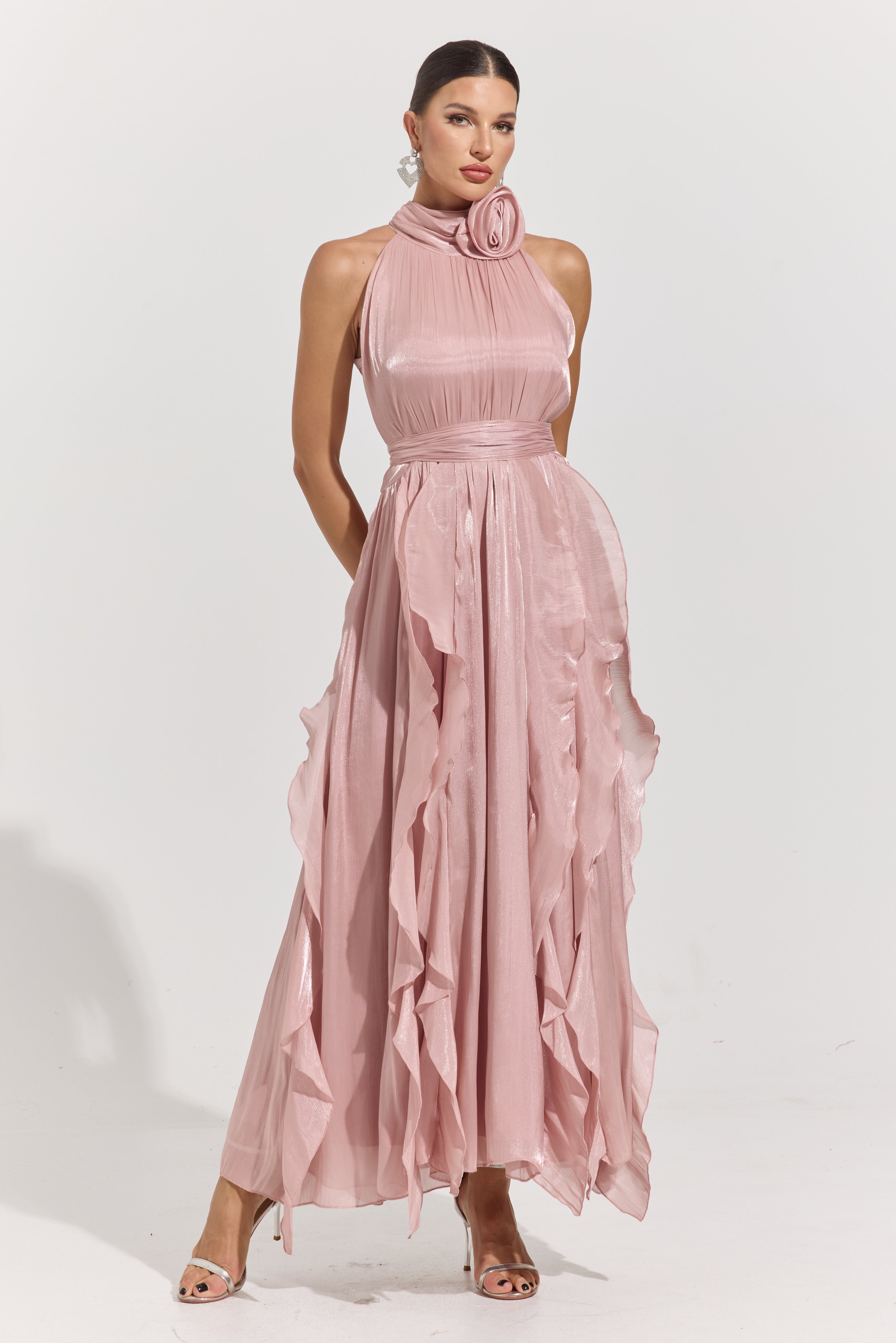 Raquel Pink Rosette Pleated Midi Dress