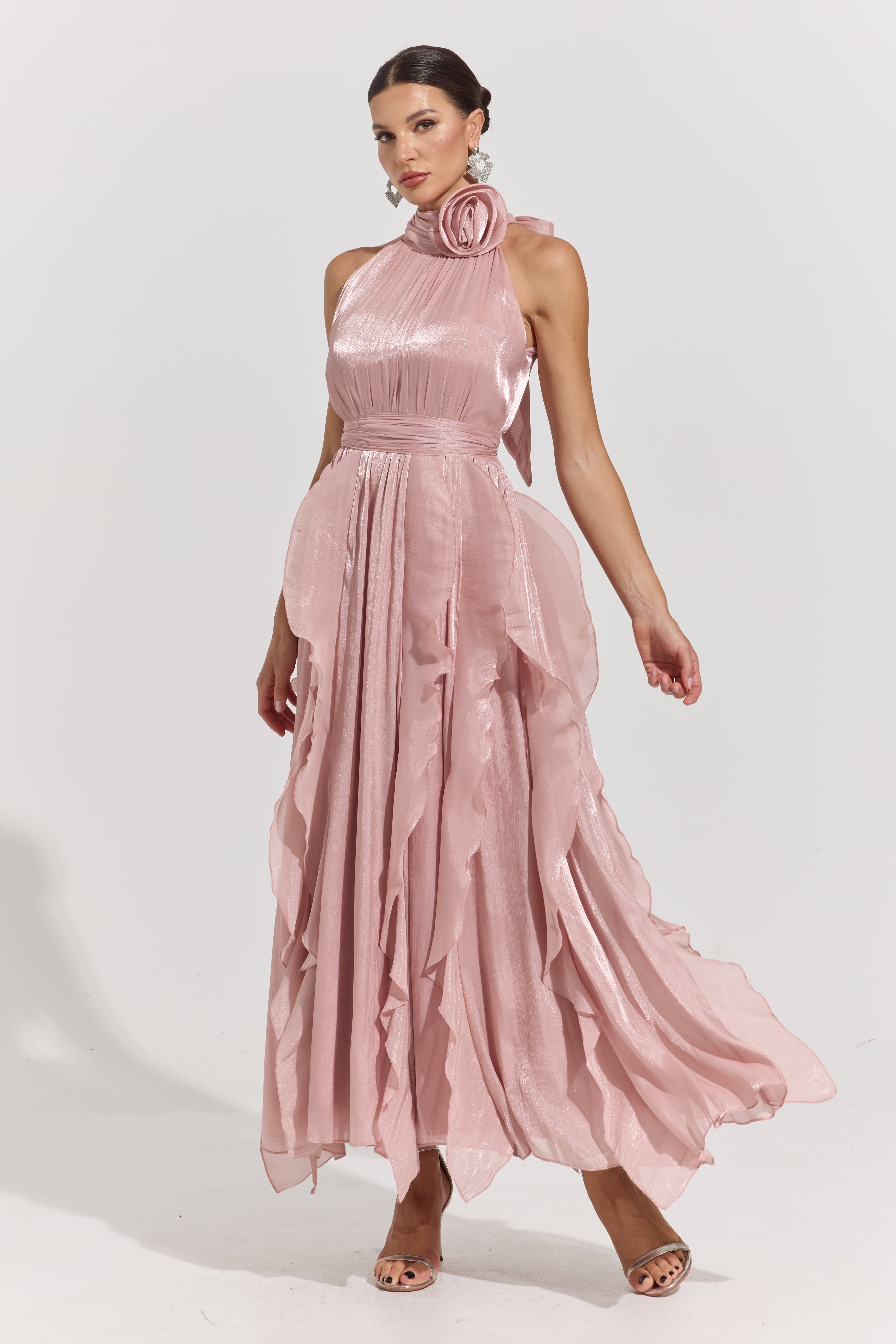 Raquel Pink Rosette Pleated Midi Dress