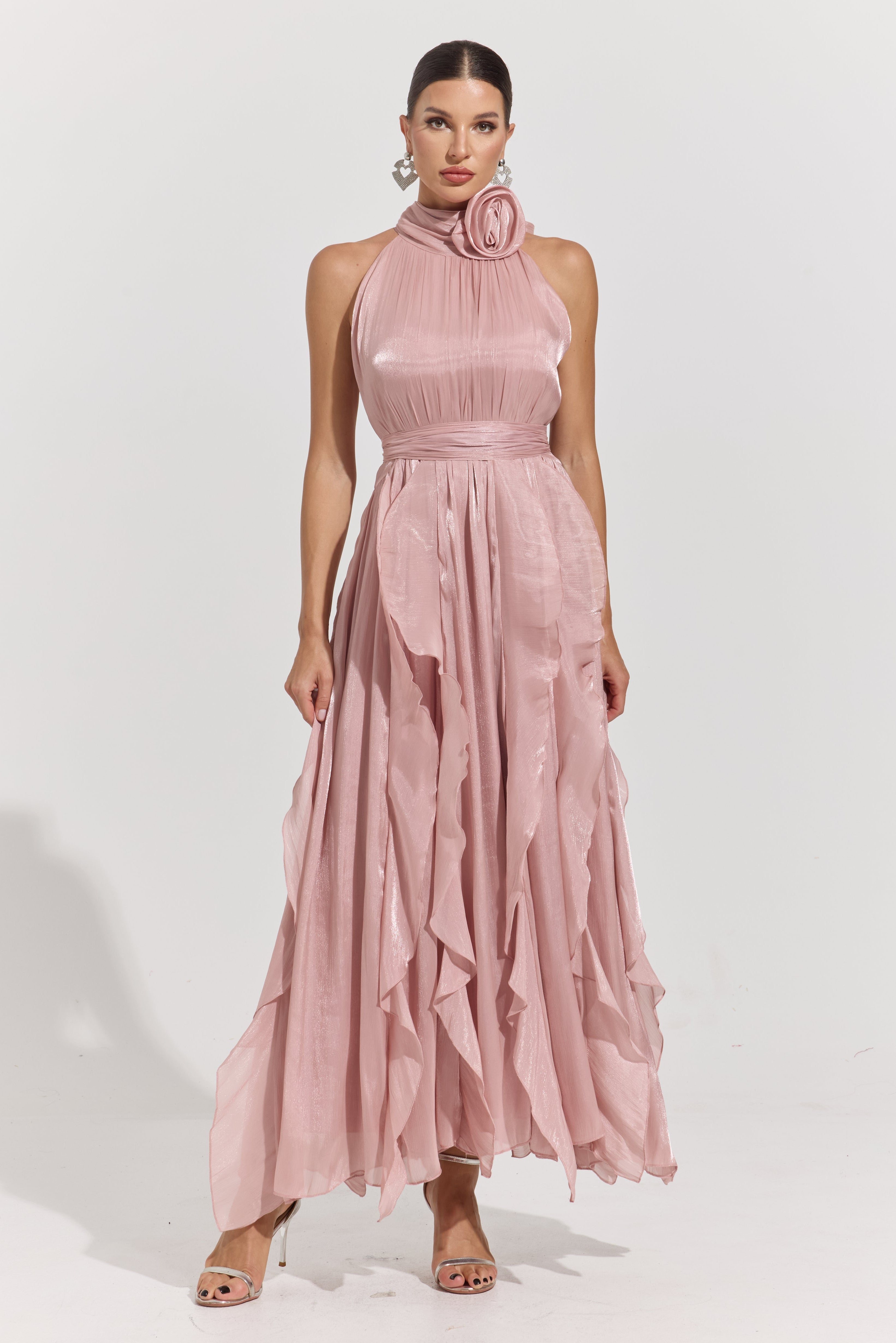 Raquel Pink Rosette Pleated Midi Dress