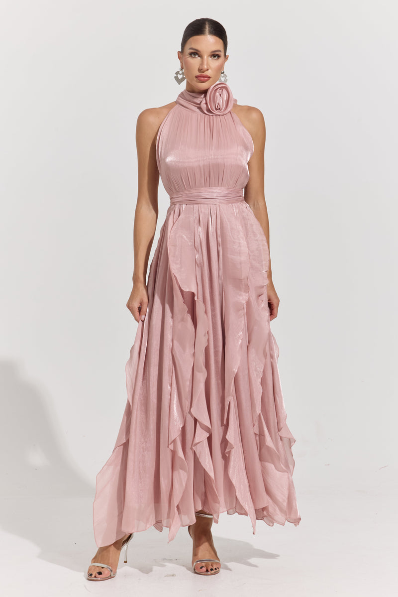 Raquel Pink Rosette Pleated Midi Dress