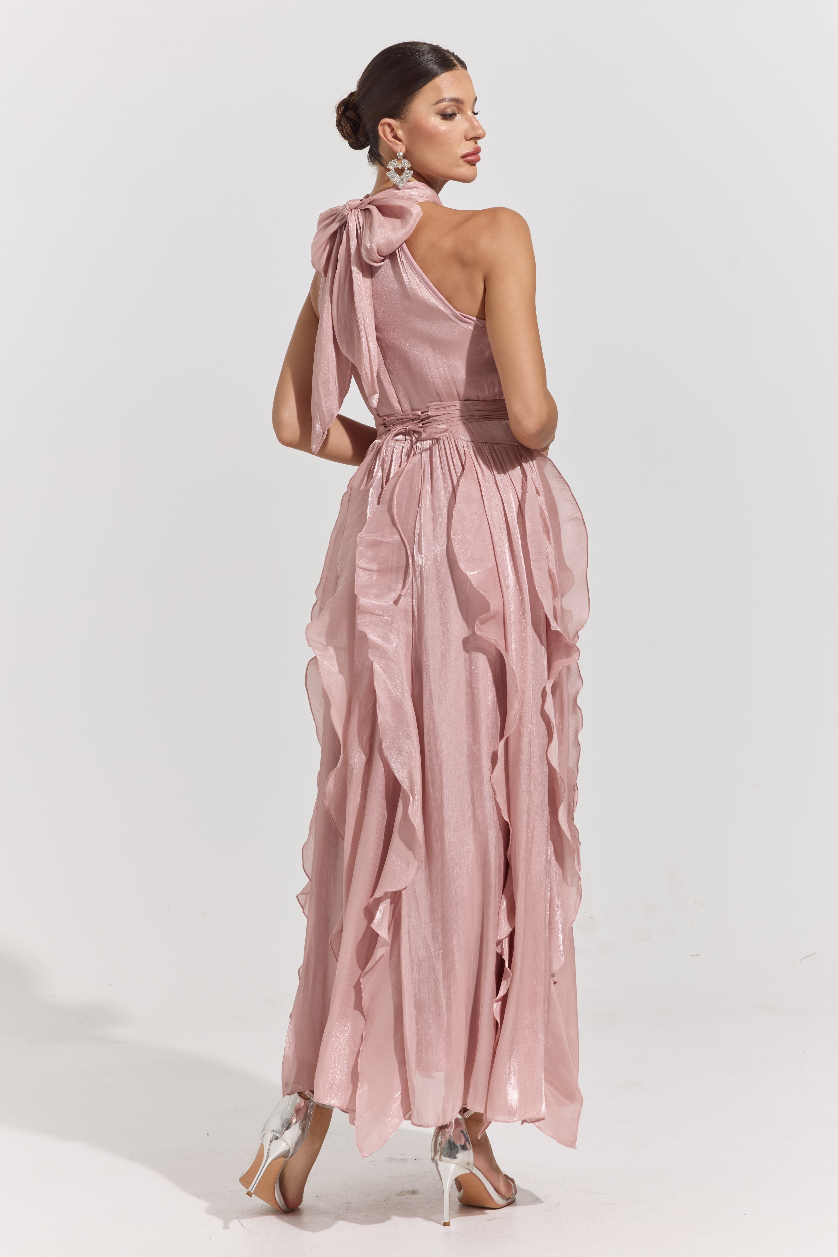 Raquel Pink Rosette Pleated Midi Dress