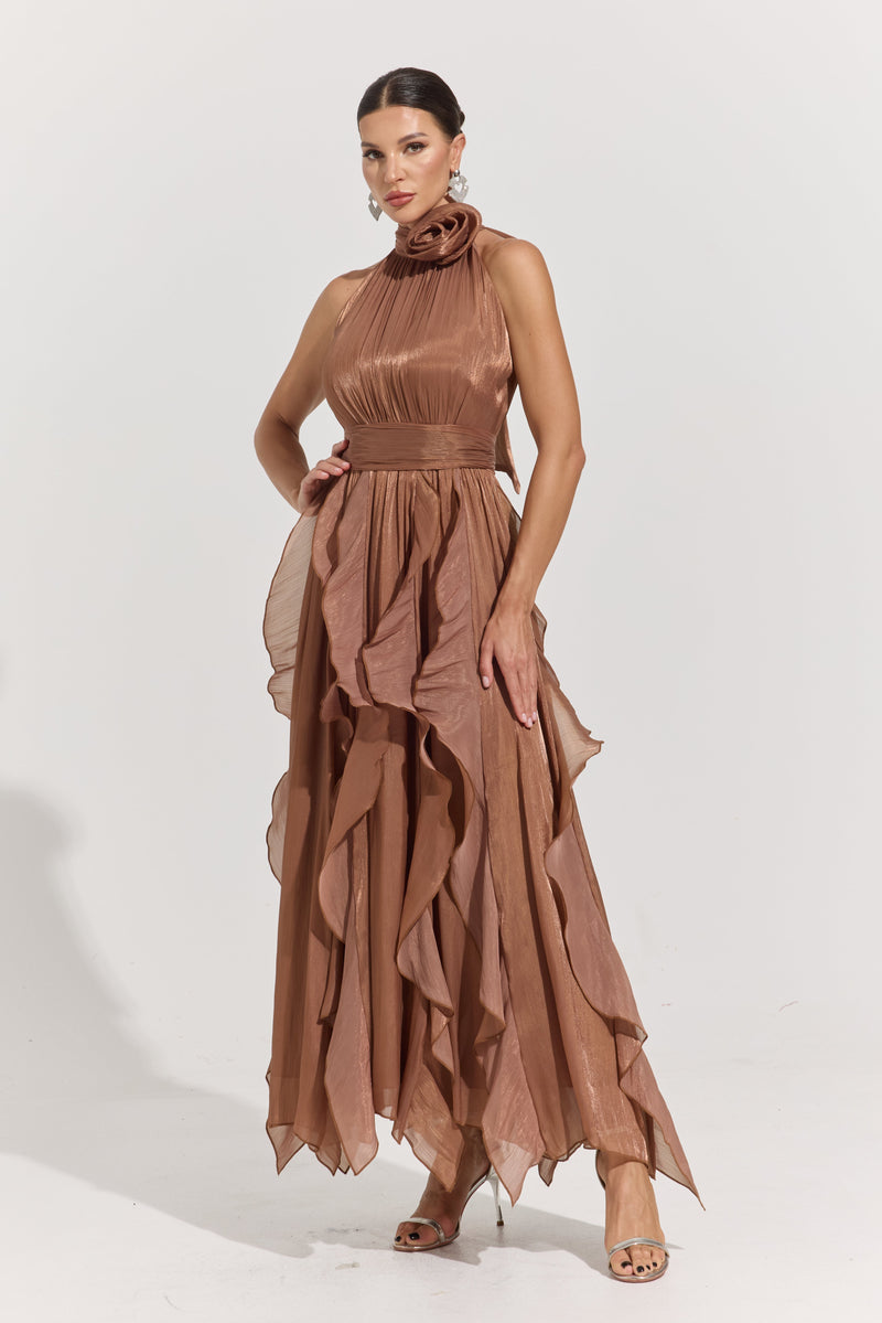 Raquel Brown Rosette Pleated Midi Dress