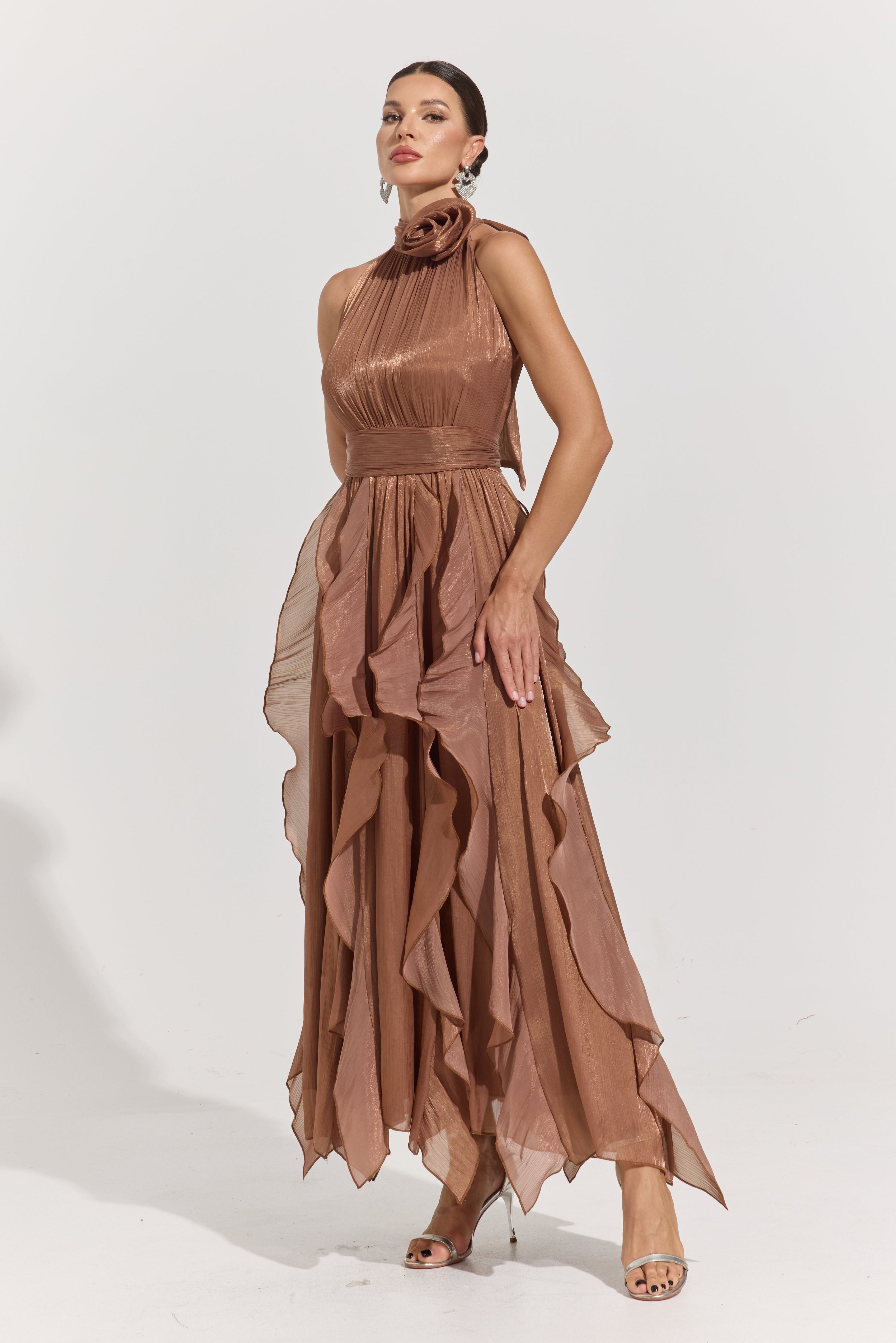 Raquel Brown Rosette Pleated Midi Dress