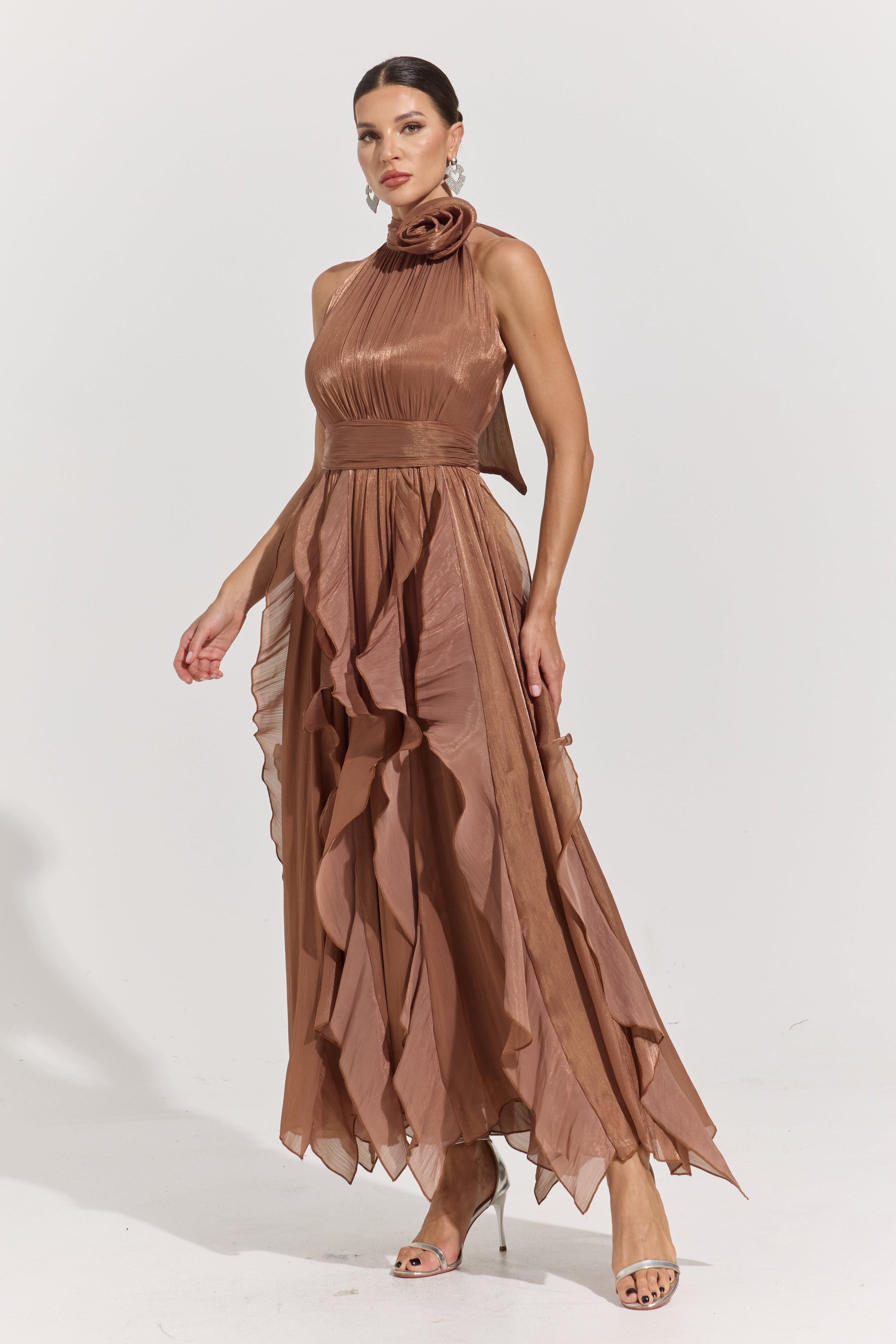 Raquel Brown Rosette Pleated Midi Dress