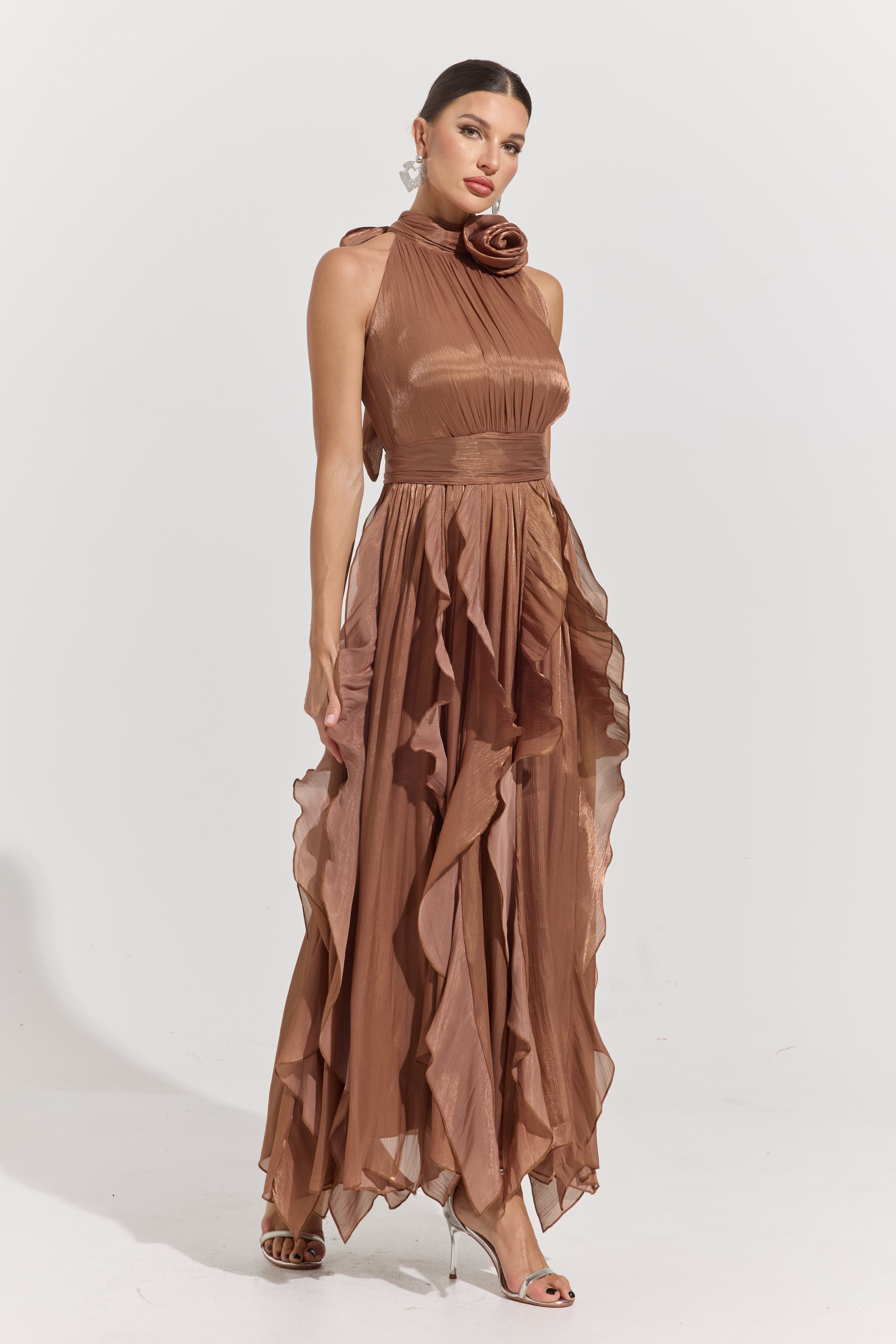 Raquel Brown Rosette Pleated Midi Dress