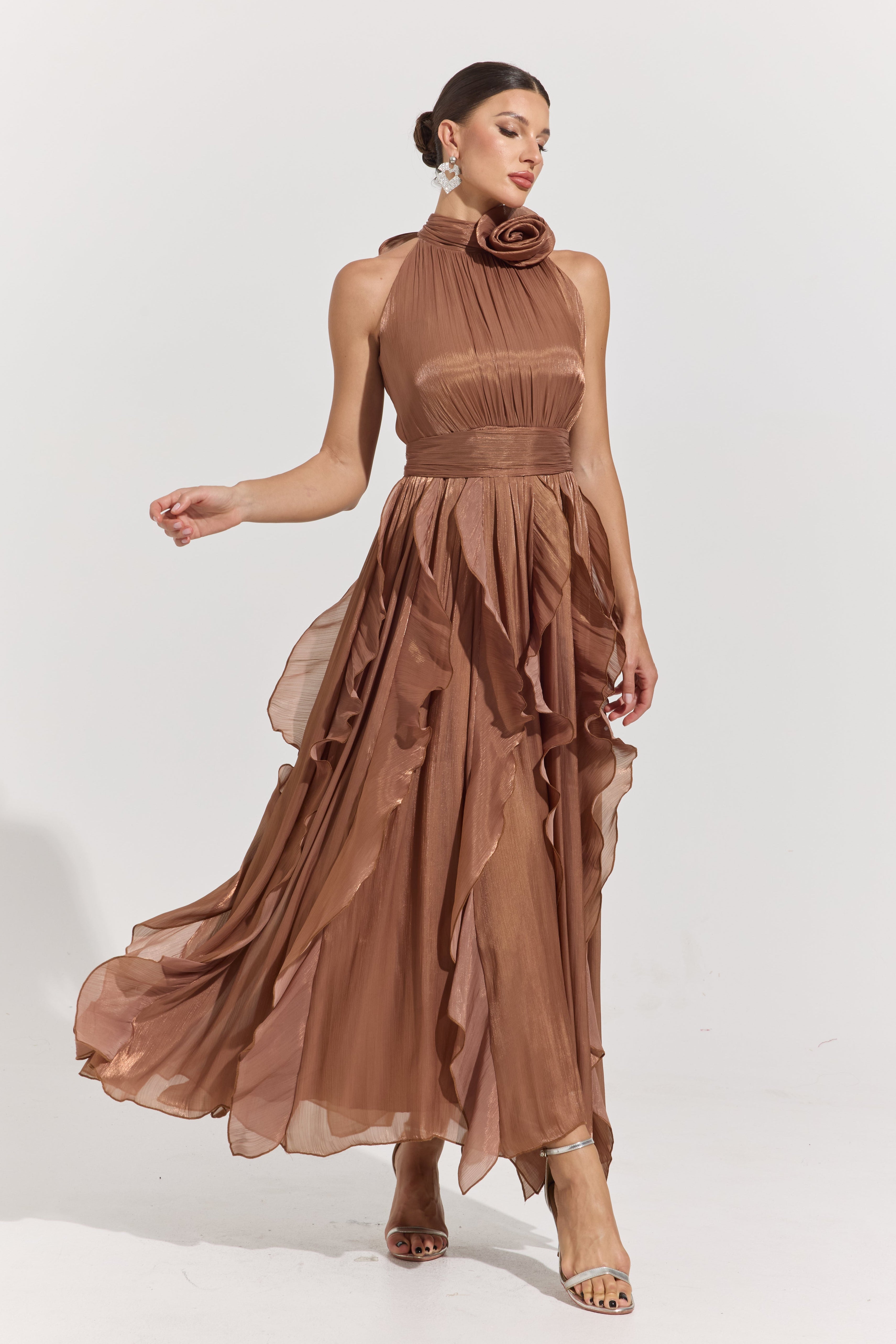 Raquel Brown Rosette Pleated Midi Dress
