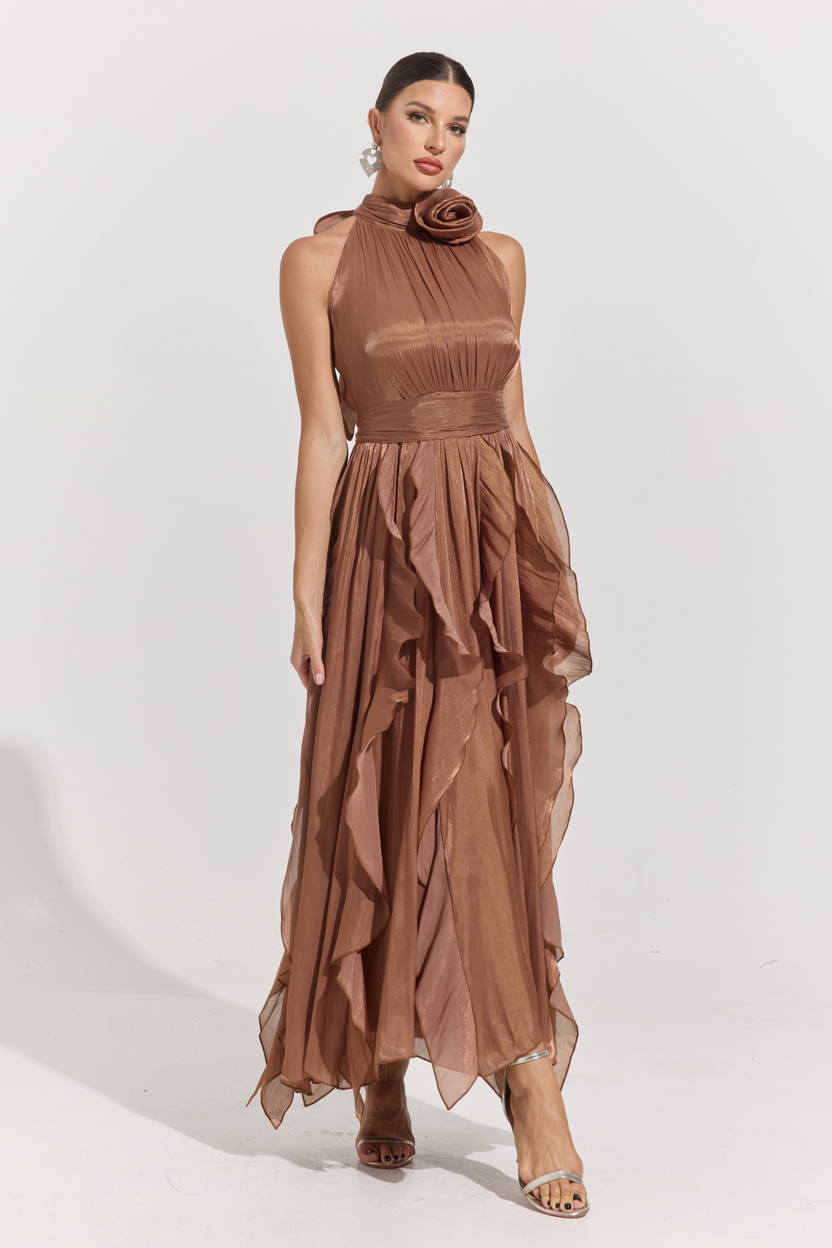 Raquel Brown Rosette Pleated Midi Dress
