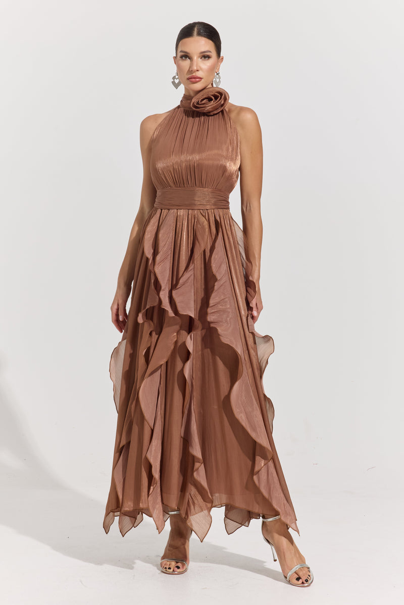Raquel Brown Rosette Pleated Midi Dress