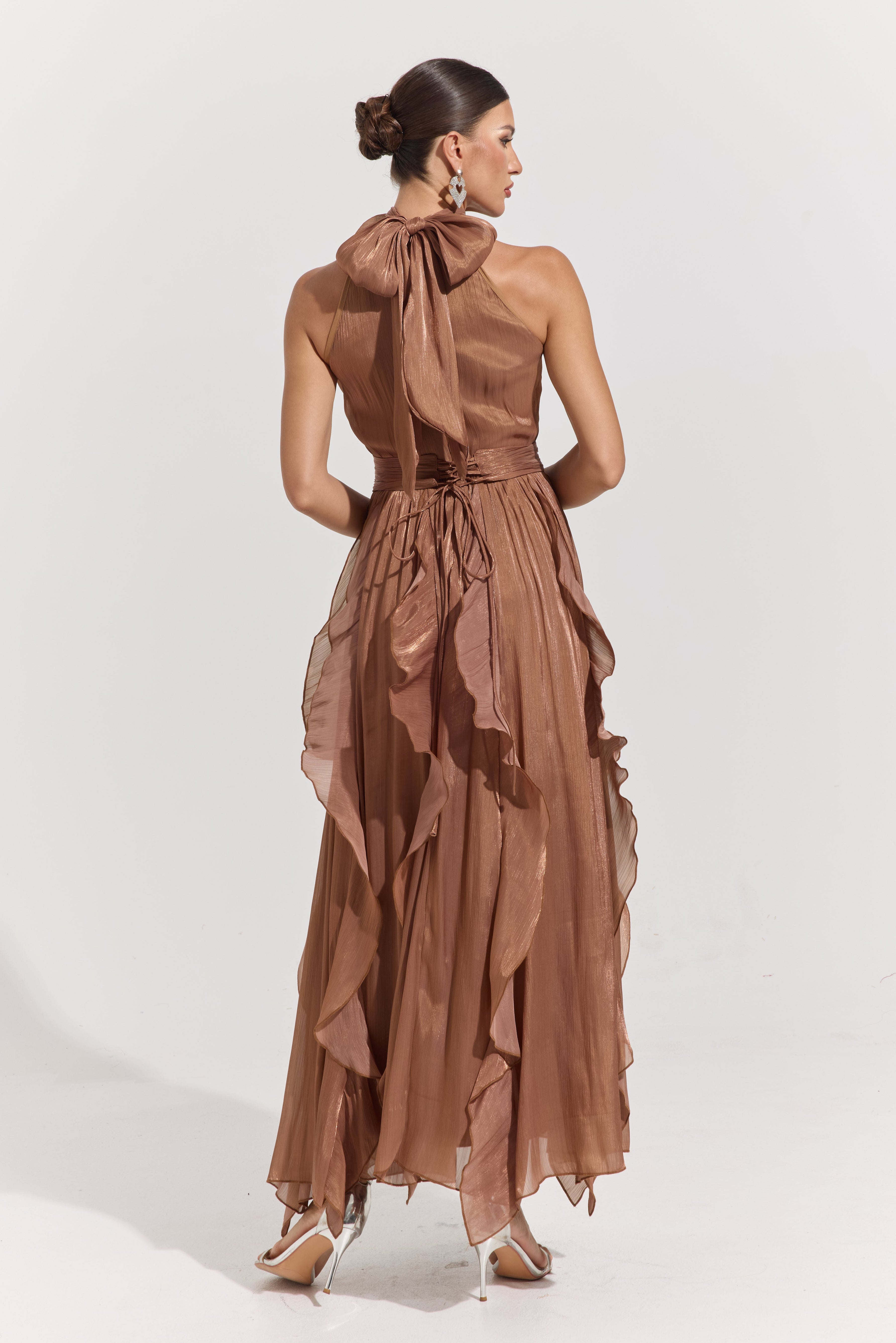 Raquel Brown Rosette Pleated Midi Dress