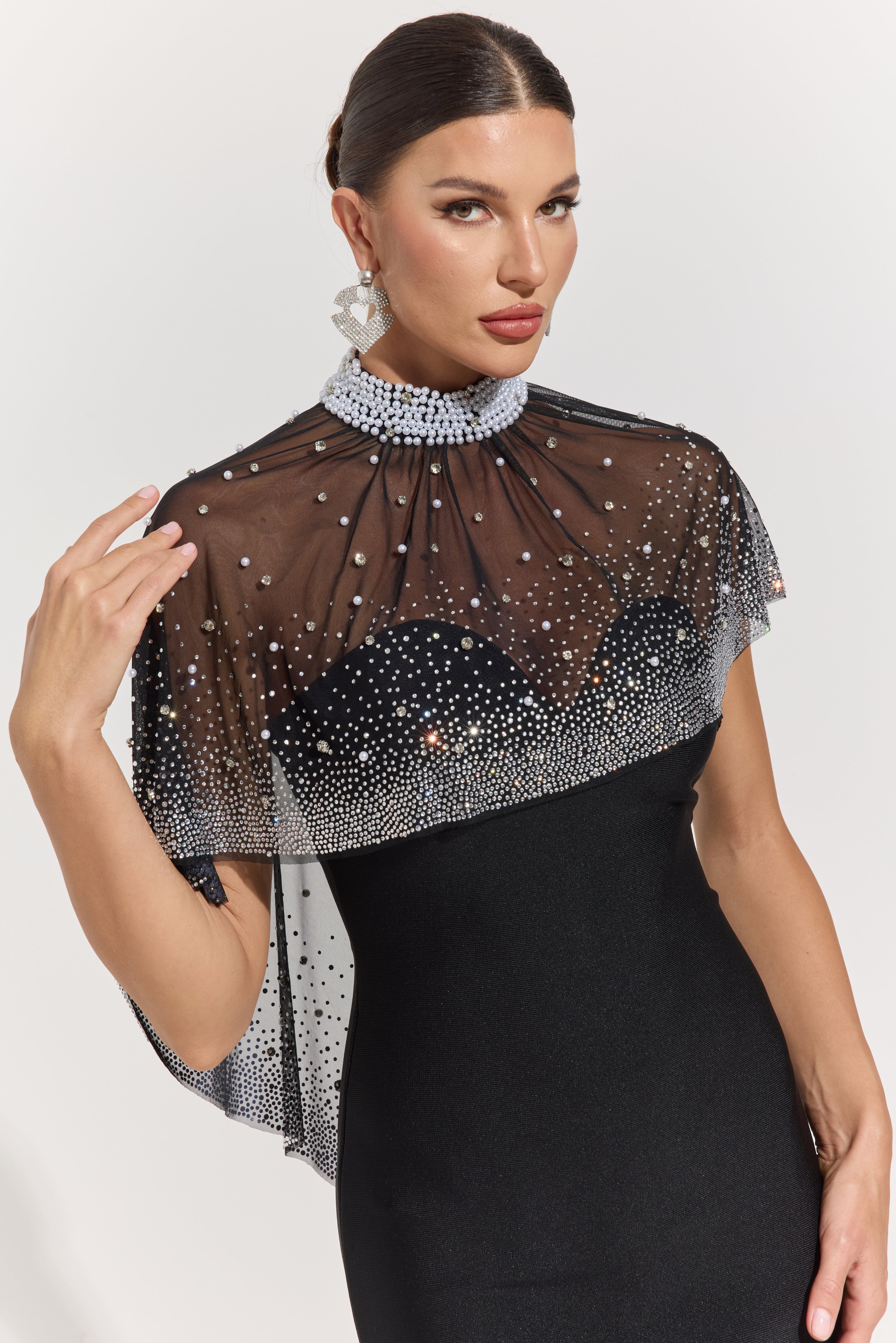 Phaedra Noir Crystal Veil Column Maxi Dress