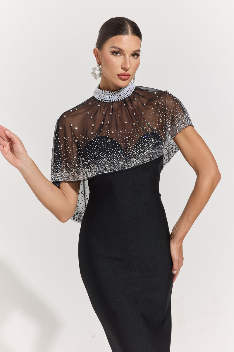 Phaedra Noir Crystal Veil Column Maxi Dress