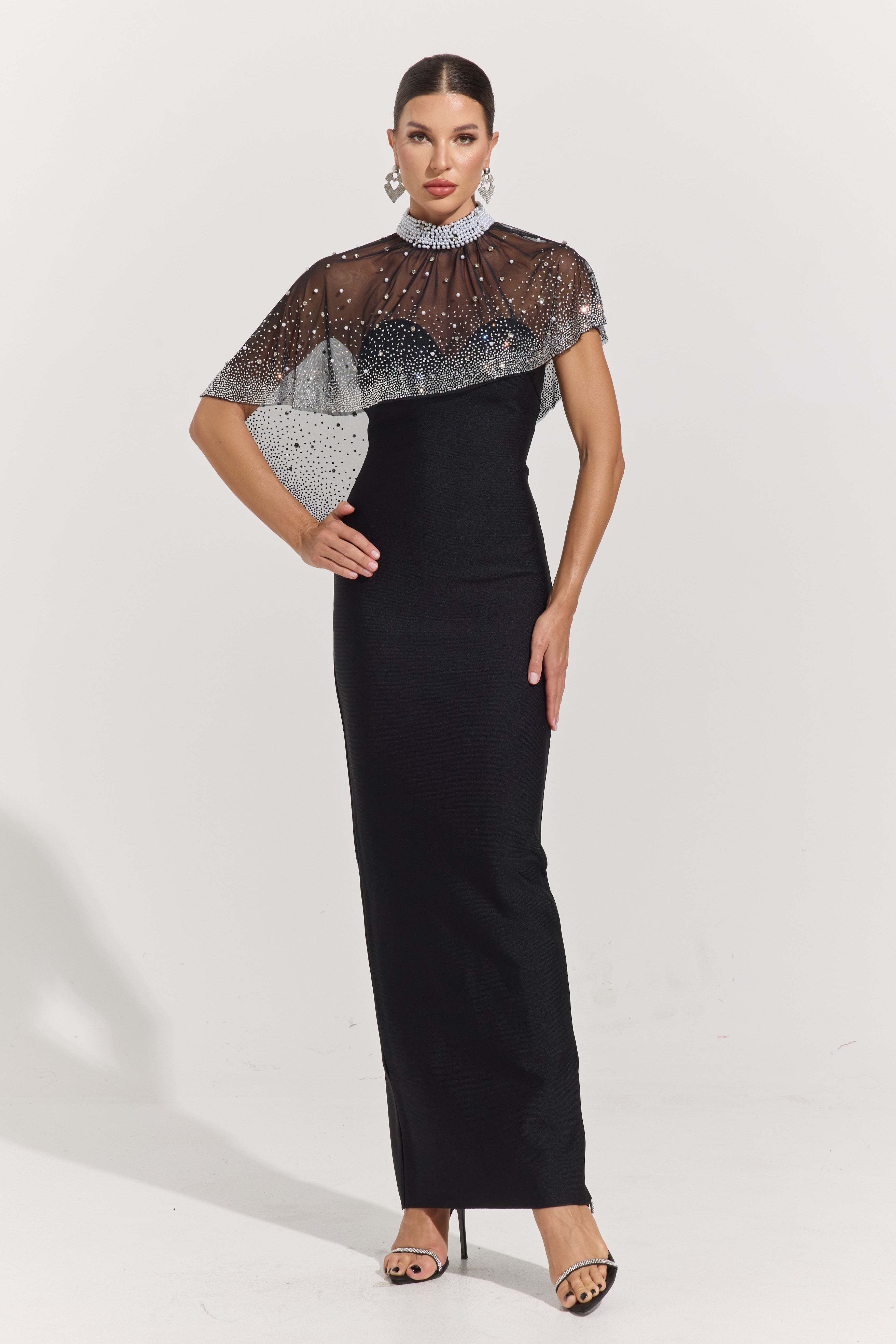 Phaedra Noir Crystal Veil Column Maxi Dress