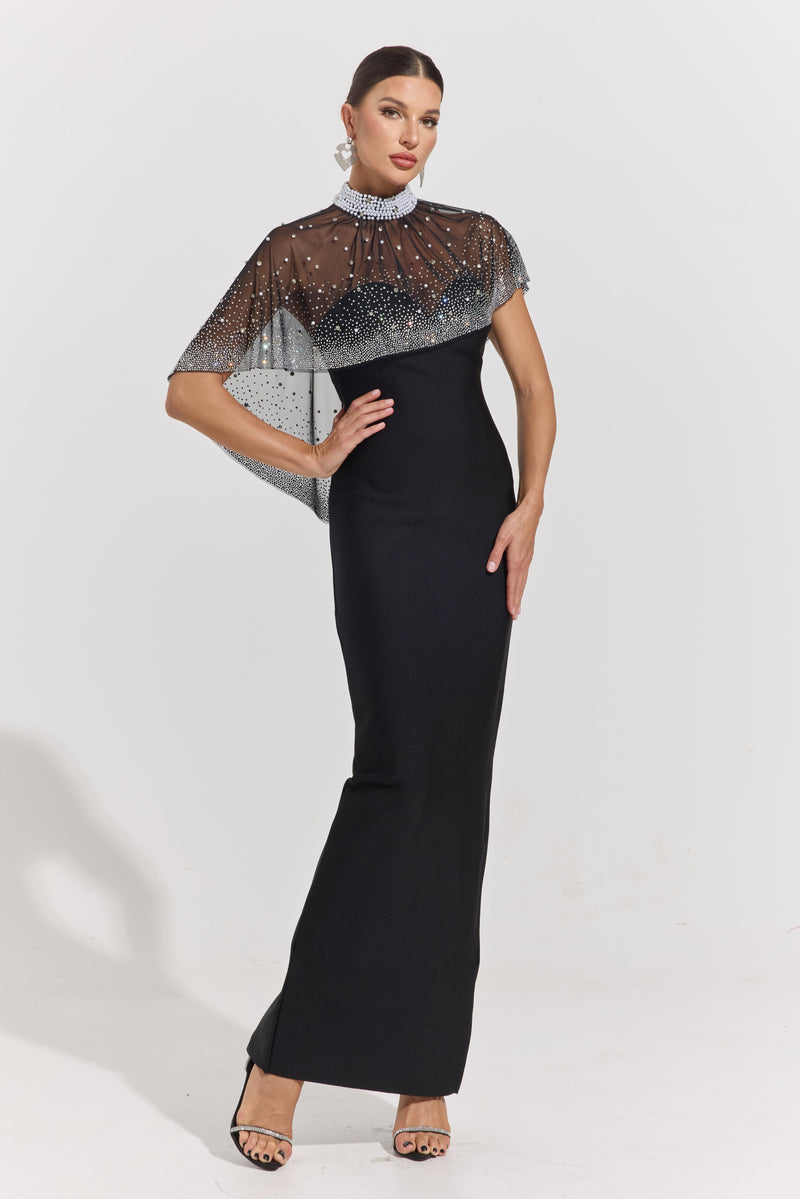 Phaedra Noir Crystal Veil Column Maxi Dress
