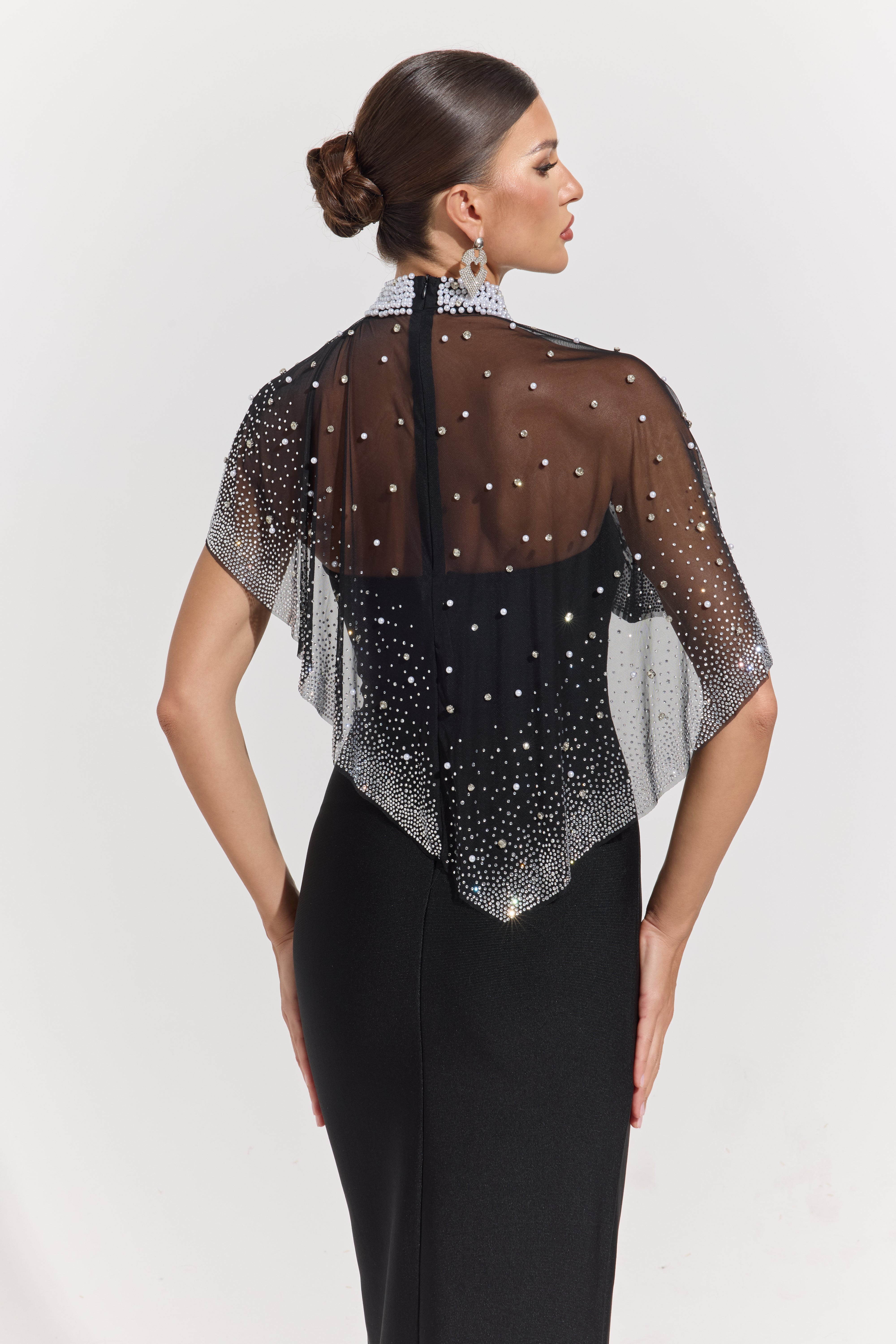 Phaedra Noir Crystal Veil Column Maxi Dress