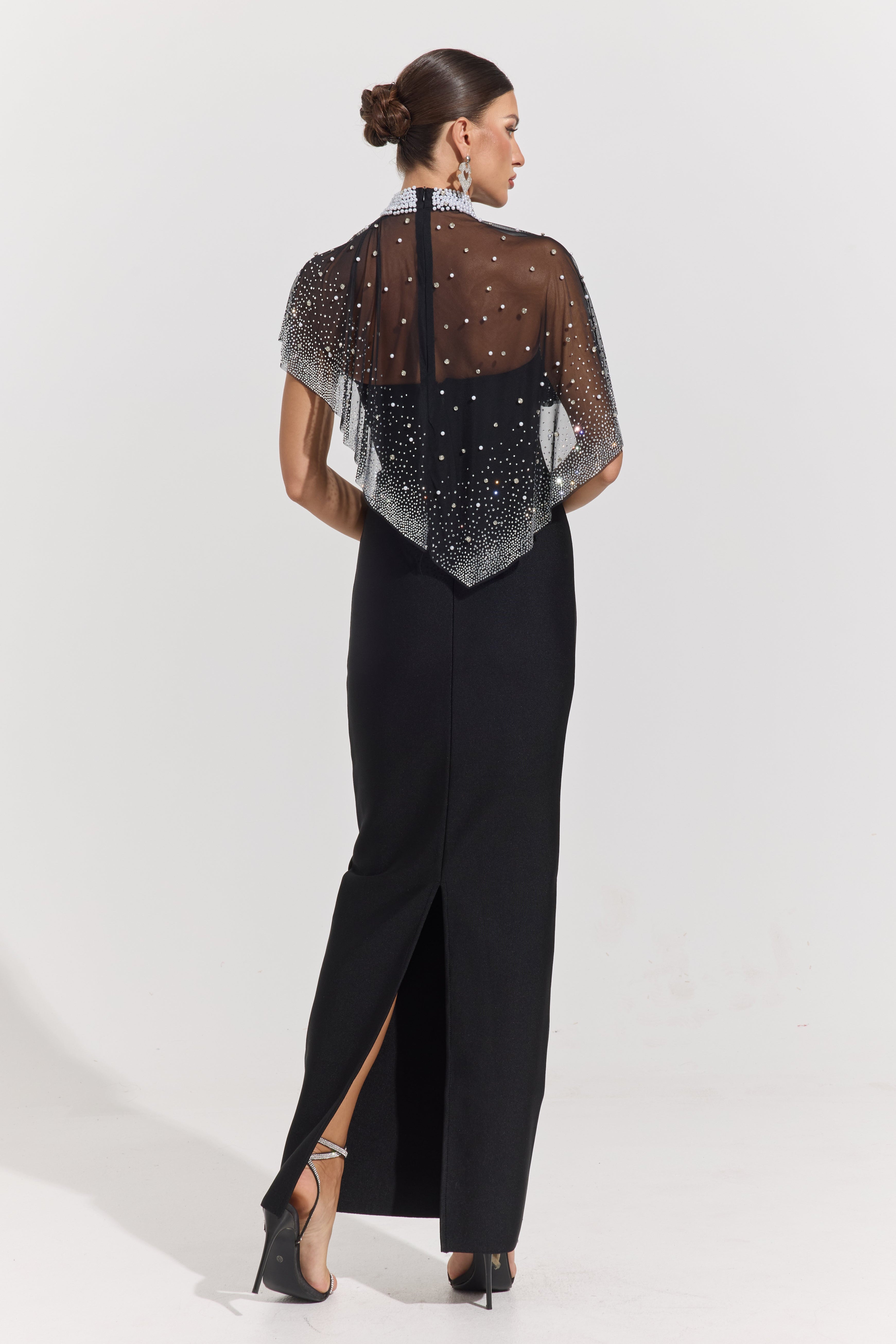 Phaedra Noir Crystal Veil Column Maxi Dress