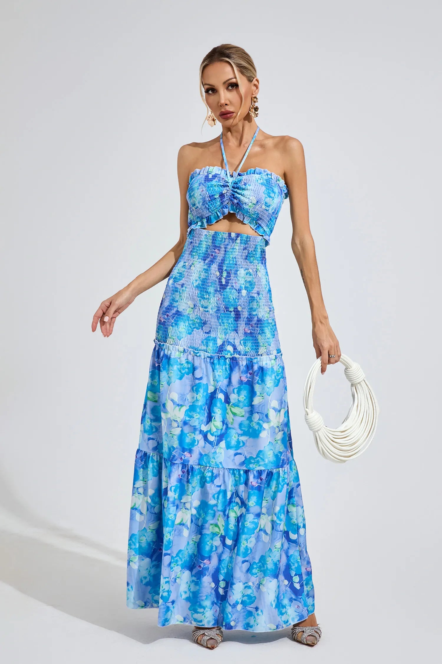 Ellison Blue Ruffle Halter Maxi Dress