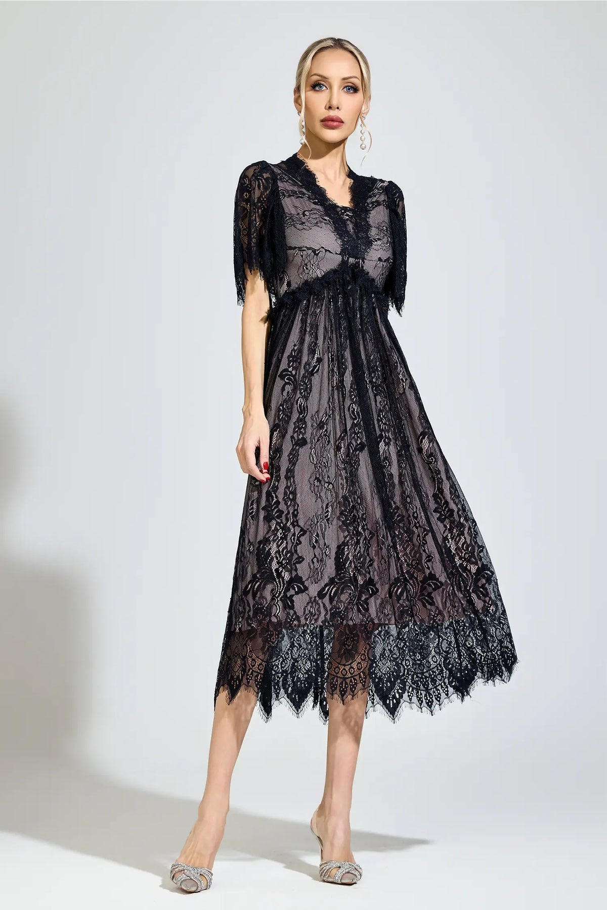 Genevra Black Lace V-Neck Midi Dress