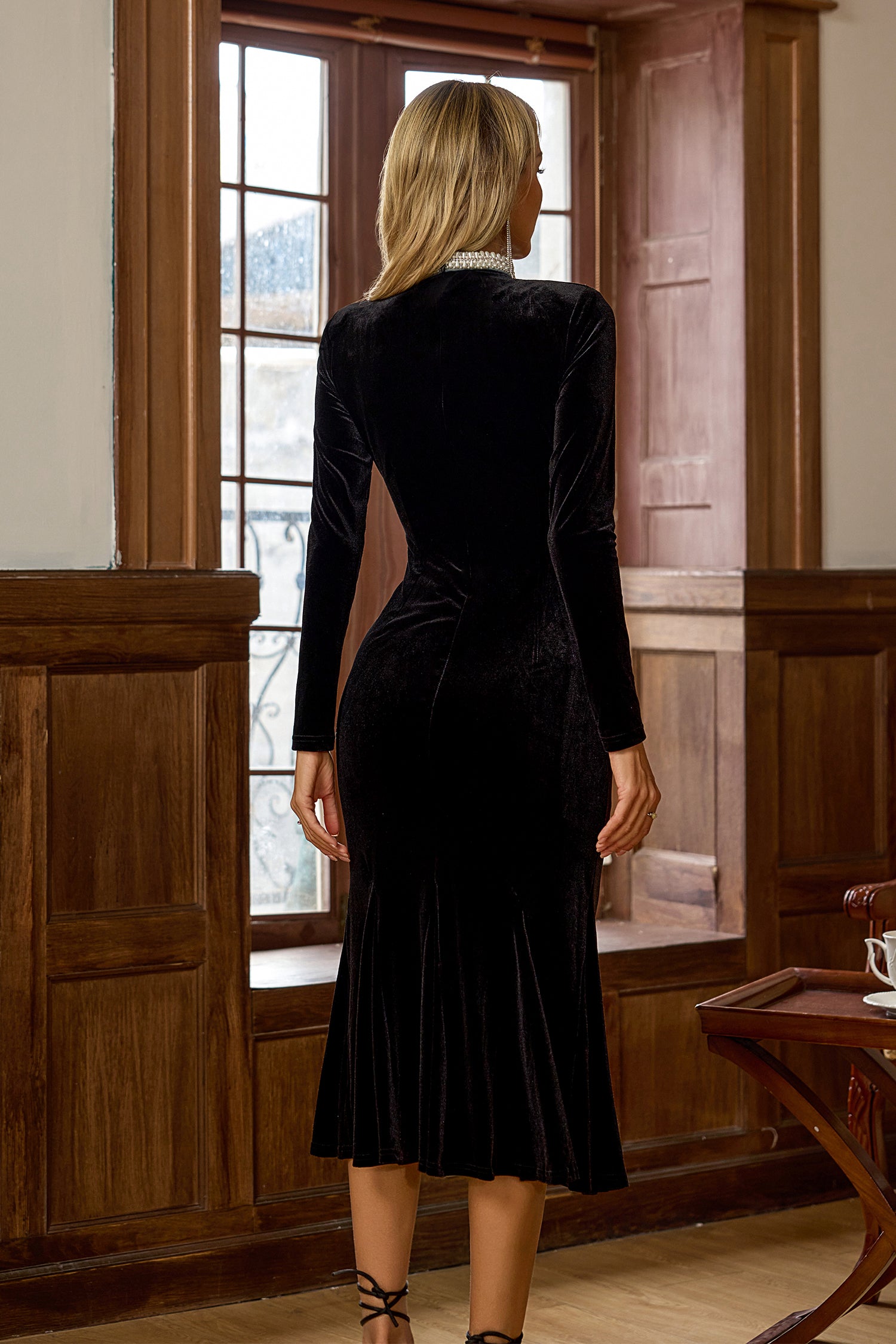 Christina Black Pearl  Decorated Long Sleeve Midi Dress