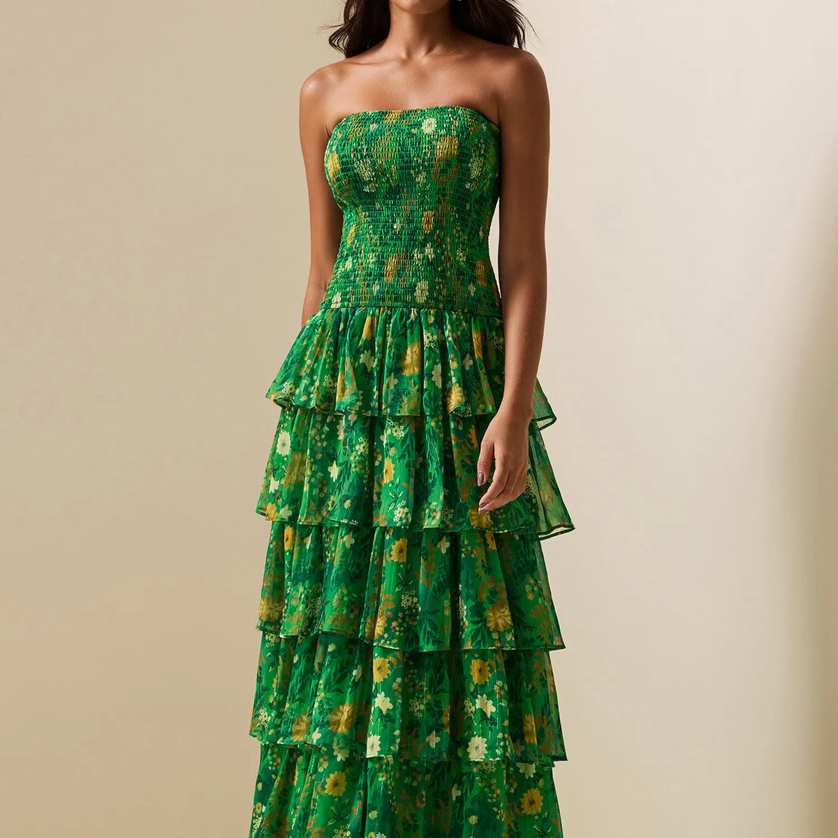 abundance green dress Smocking Strapless Tiered Maxi SCH003843_G_L
