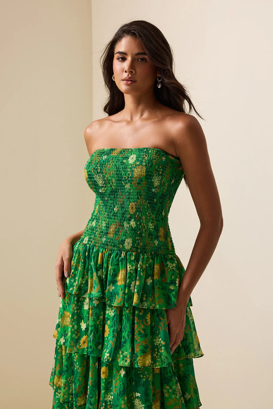 Smocking Strapless Tiered Maxi Dress