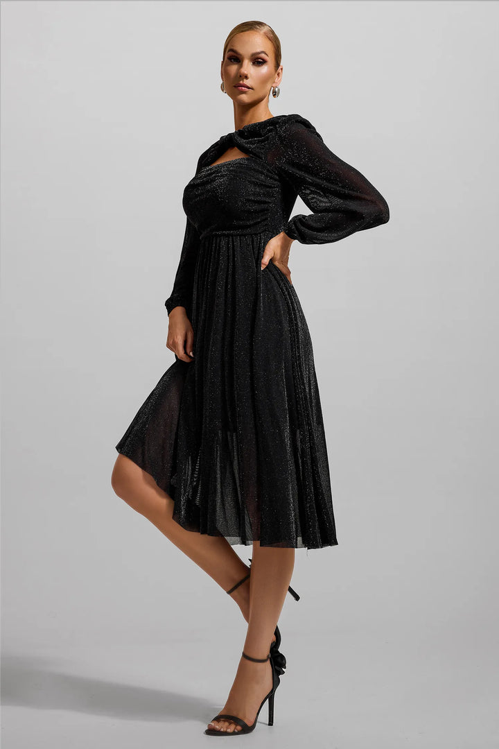 Knotted Ruched Lantern Sleeve Midi Dress