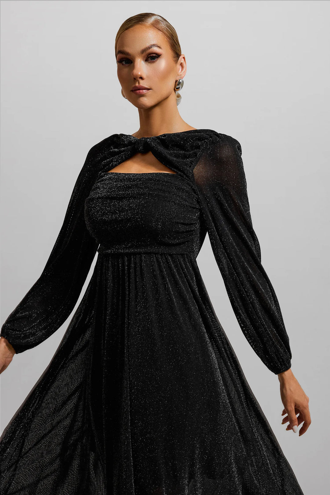 Knotted Ruched Lantern Sleeve Midi Dress