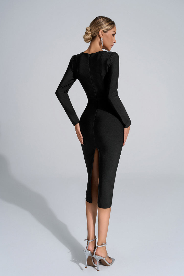 Esmeralda Black Long Sleeve Midi Dress