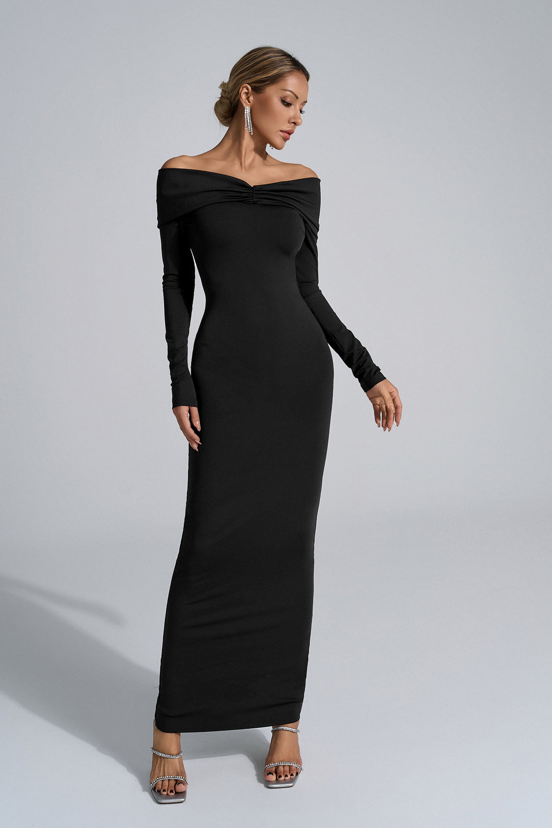 Isabella Black Long-Sleeve Bodycon Maxi Dress