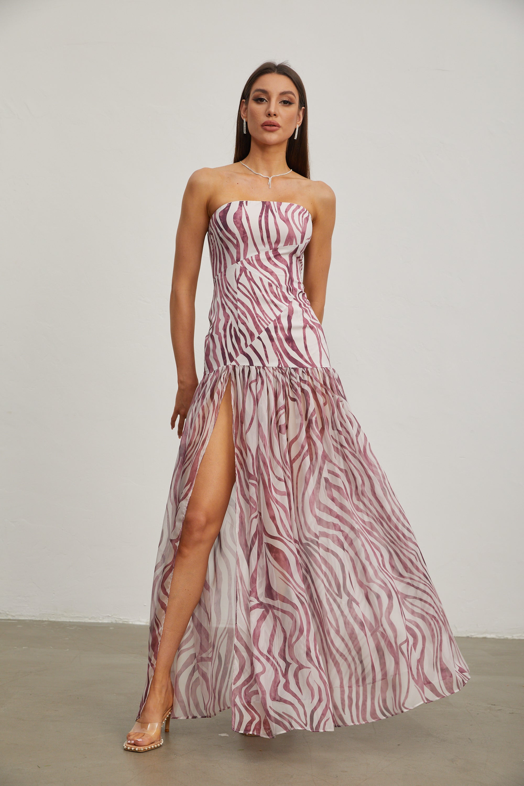 Giselle Rose Zebra Print Strapless Maxi Dress