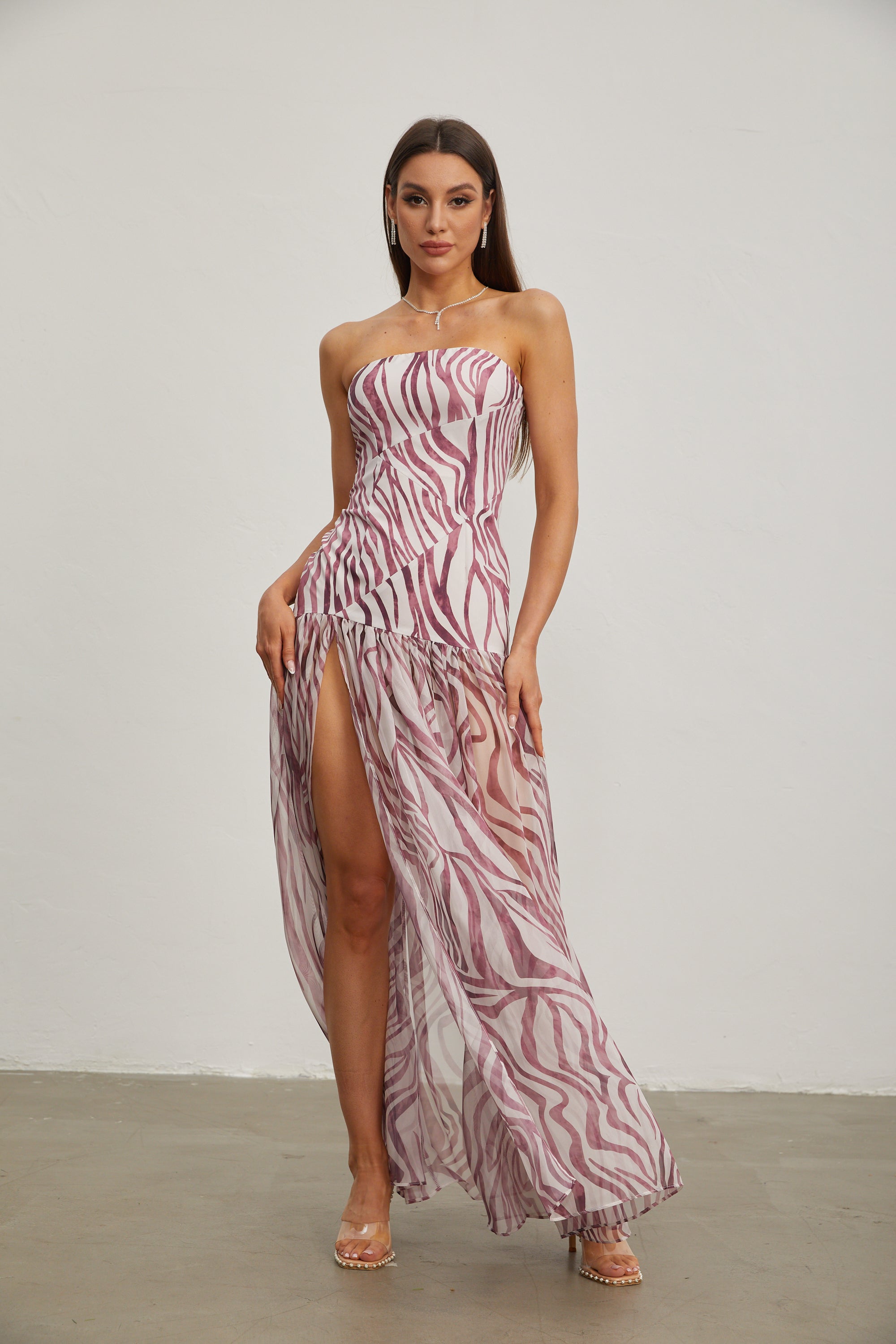 Giselle Rose Zebra Print Strapless Maxi Dress