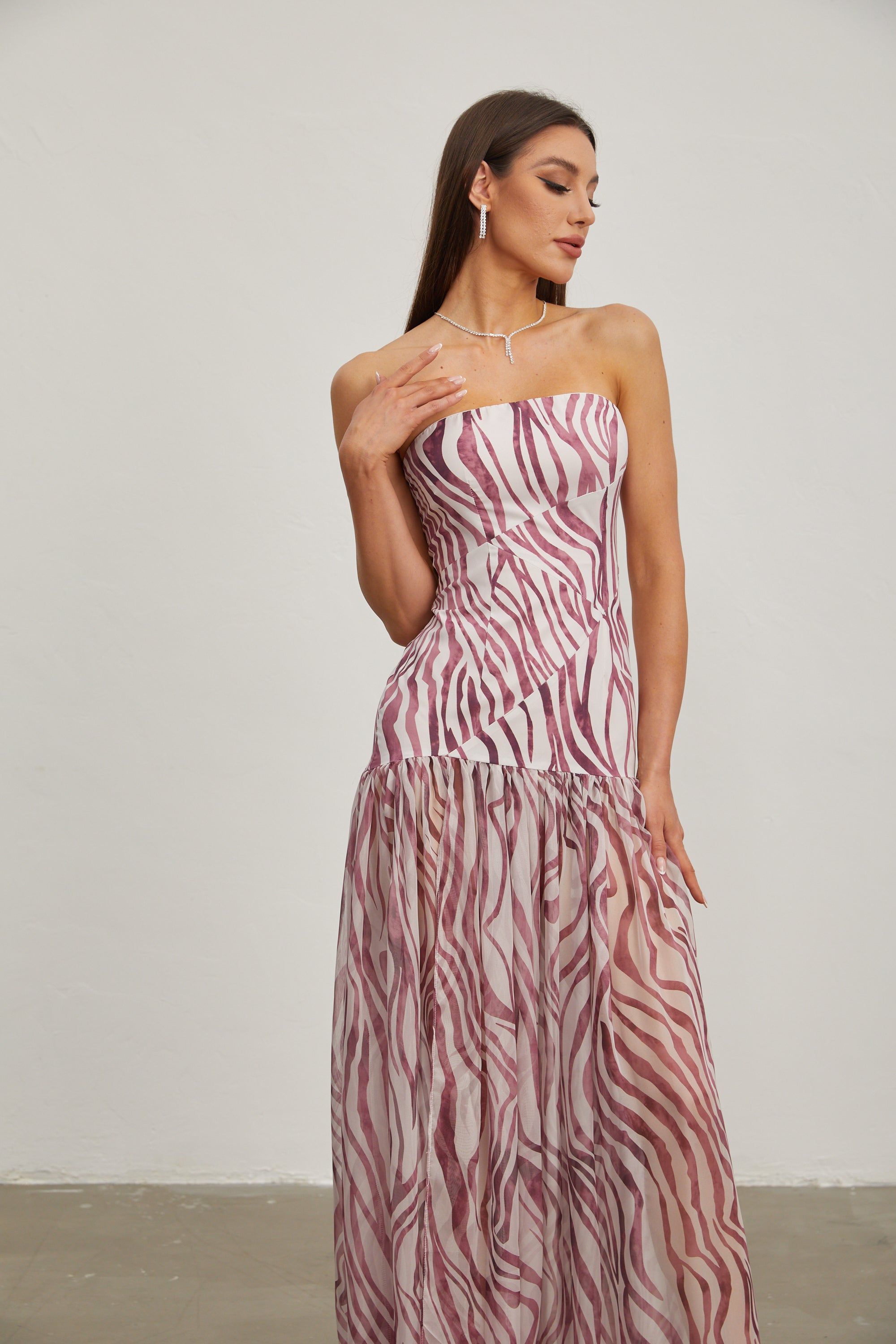 Giselle Rose Zebra Print Strapless Maxi Dress